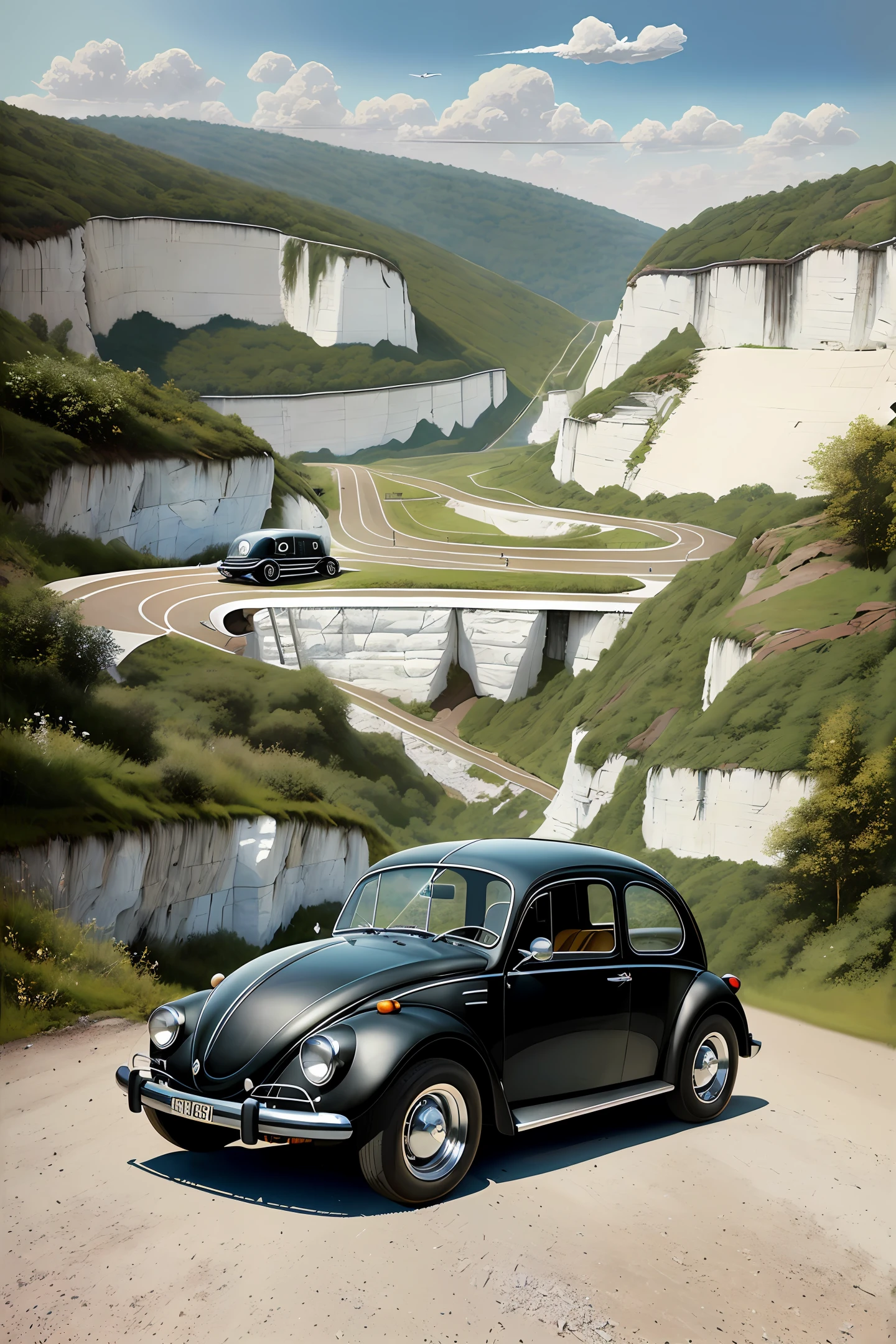 A black Beetle model 1974, with chrome caps and white stripe on the wheels, depicted in a natural setting of a disused quarry with soft lighting. The image is captured in high definition (HD), with a professional camera, highlighting the aerodynamic lines of the vehicle. The artwork is a detailed painting, created by a talented landscape artist.