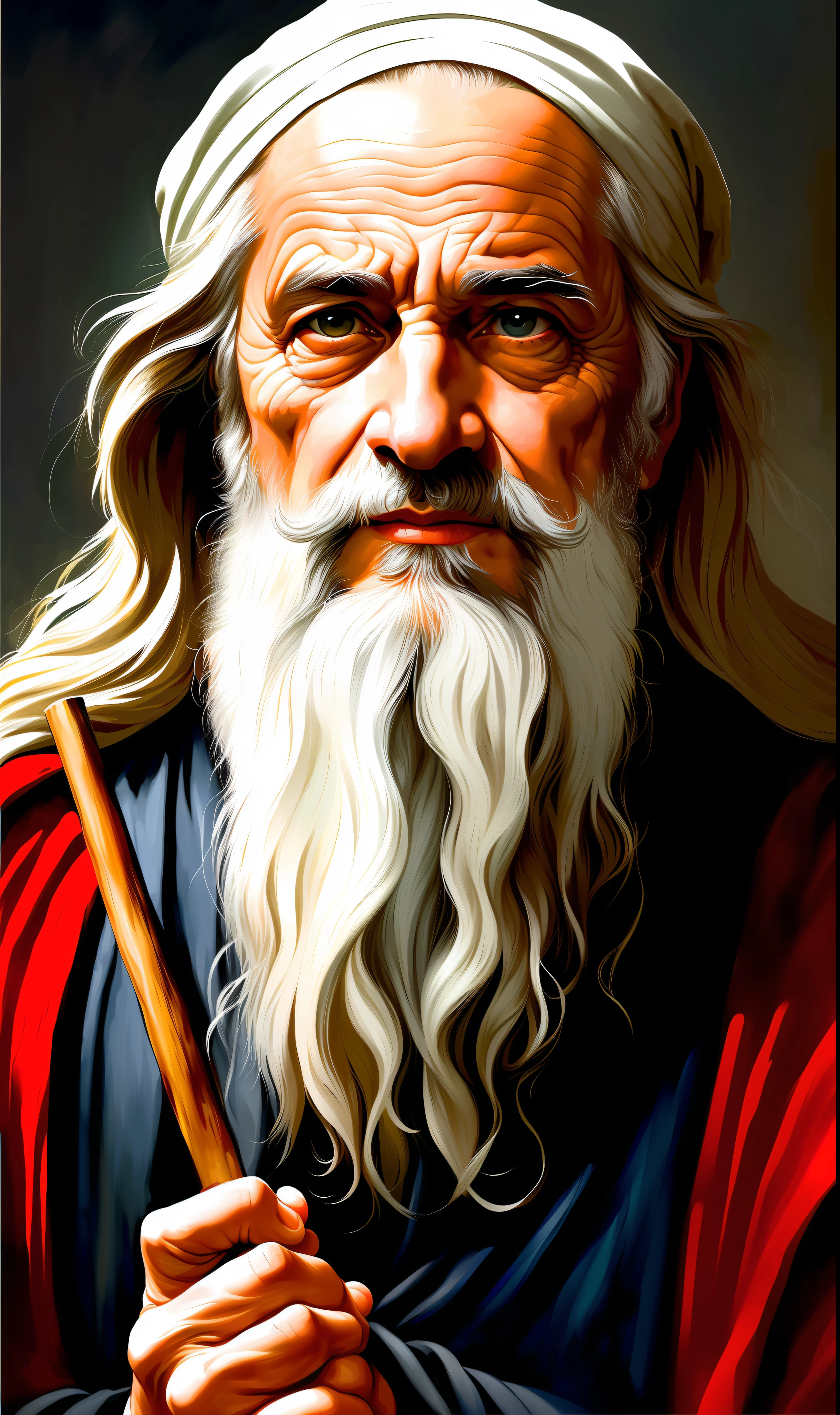 A lovely ultra fine realistic portrait of Moses the prophet, an old Hebrew man, long gray hair, long gray beard, wearing black and red striped tunic, holding a staff, in front view, full body, biblical, realistic, intricate detail, by abbott fuller graves, bartolome esteban murillo, jc leyendecker, craig mullins, peter paul rubens, (caravaggio), trend in artstation, 8k, Concept Art, Fantasy Art, PhotoRealistic, Realistic, Illustration, Oil Painting, Surrealism, HyperRealistic, brush strokes, Digital Art, analog style, watercolor