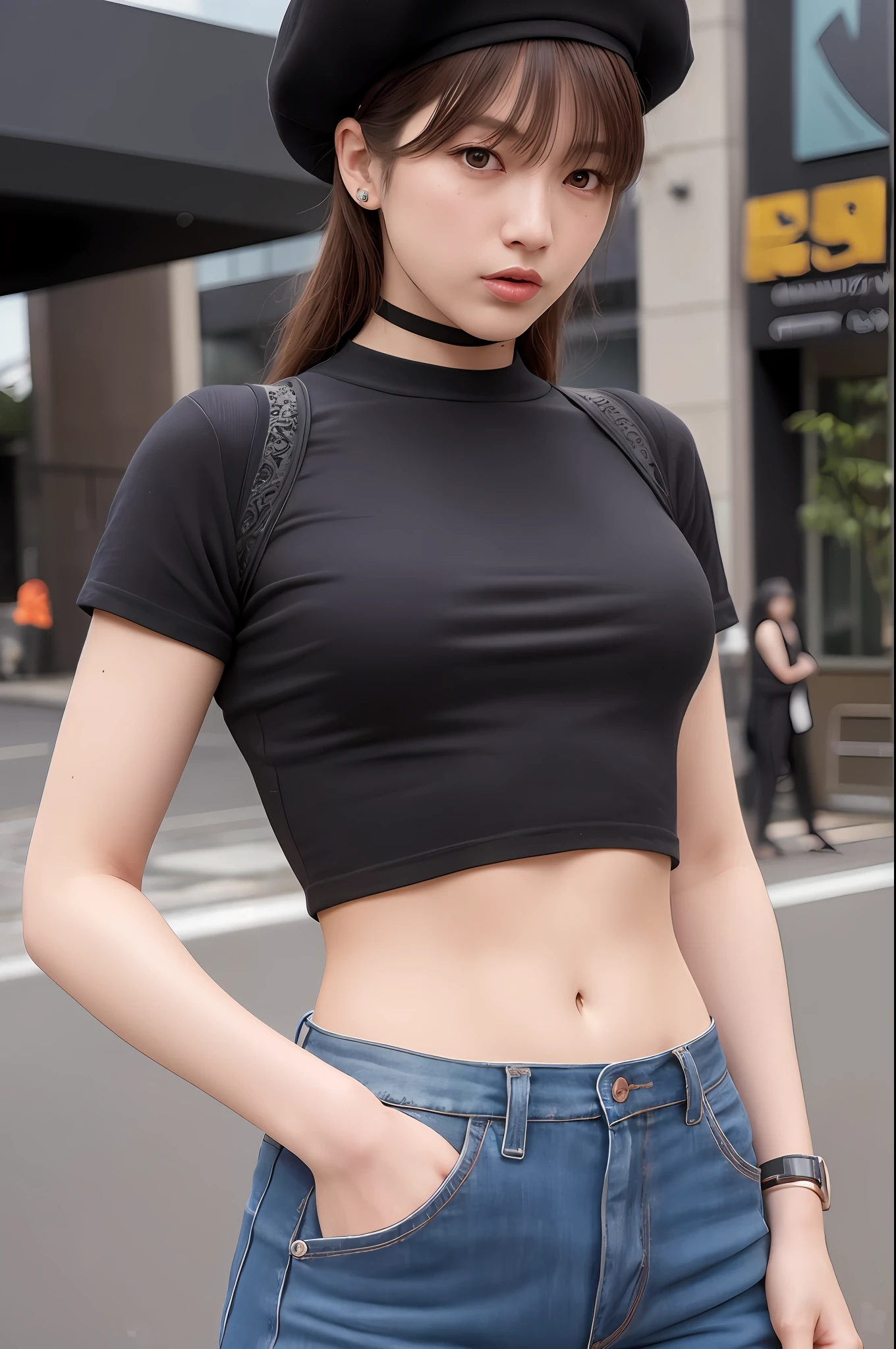 apinkhayoung, urban, streets, (day:1.1), RAW,(8k, best quality, masterpiece:1.2),(intricate details:1.4),(photorealistic:1.4),octane render, complex 3d render ultra detailed, studio soft light, rim light, vibrant details, ultra detailed, realistic skin texture, detailed face, beautiful detailed eyes, extremely detailed CG unity 8k wallpaper, makeup, (detailed background:1.2), (cowboy shot:1.2),(perfect anatomy:1.2),(wide hip:1.1),(black t-shirt, pants, choker, beret:1.2),