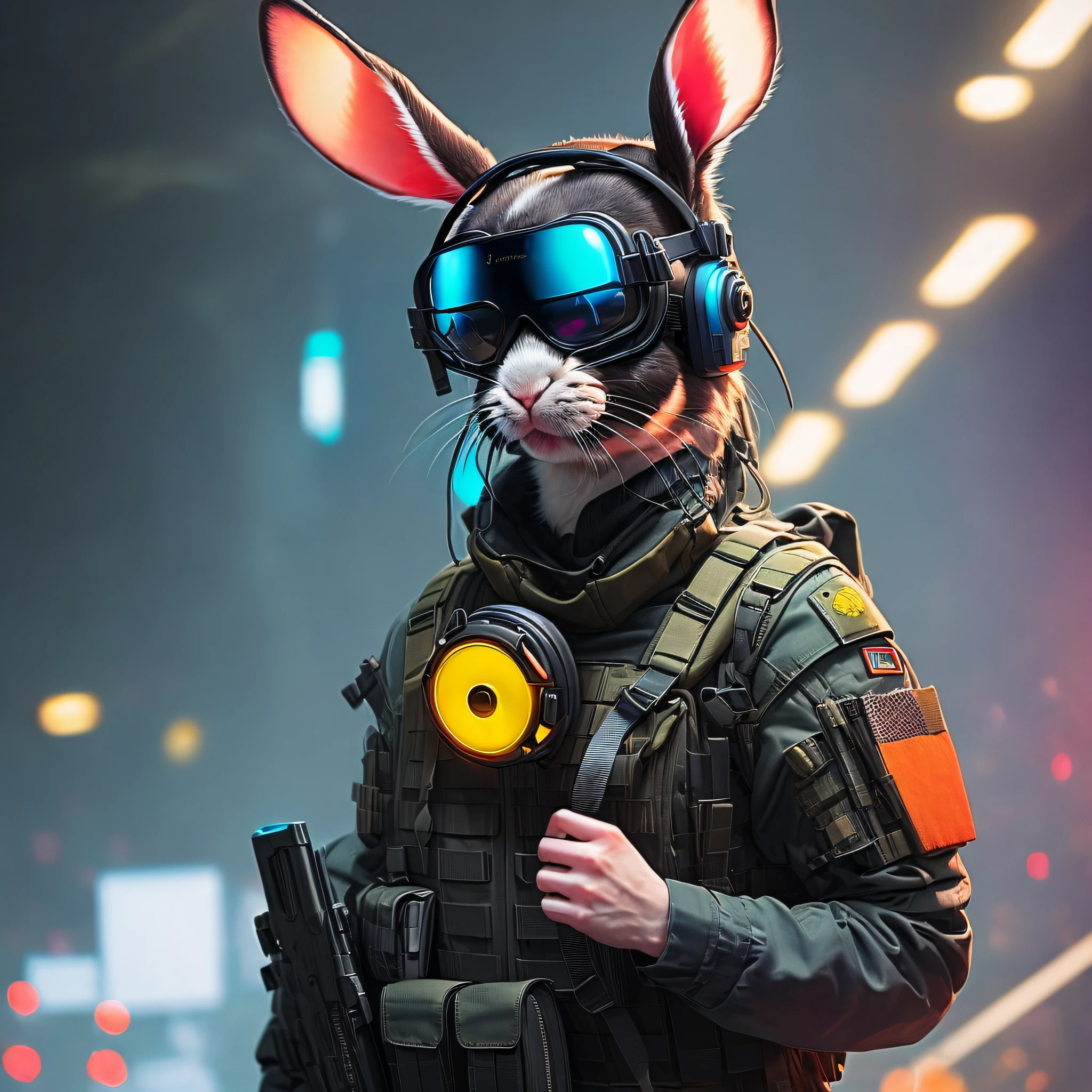 (Best quality),(masterpiece),(ultra detailed),(high detailed),(extremely detailed),photorealistic cyberpunk rabbit wearing a cyberpunk headset and tactical gear, hyper realistic, photo realistic, very detailed,