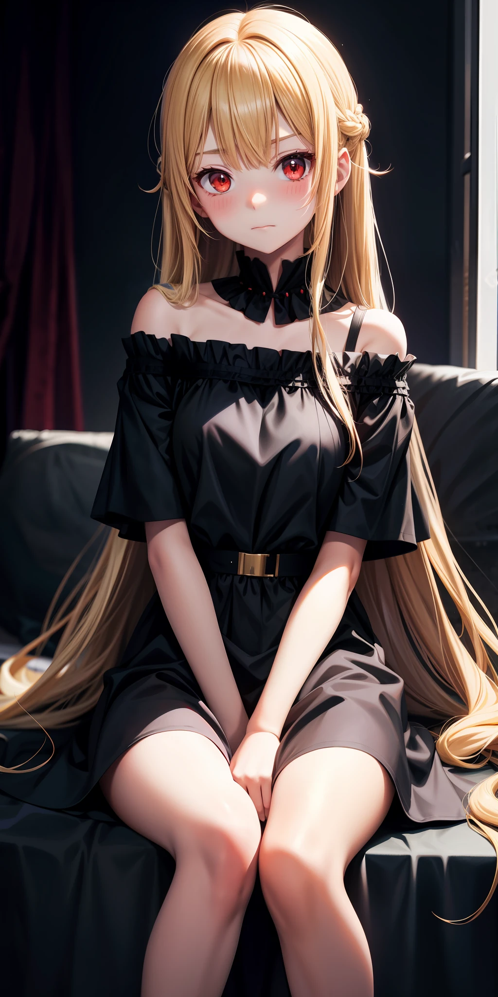 anime, girl alone, blonde, long hair, red eyes, off-shoulder, black dress, sitting, upward-looked, blush, straight face
