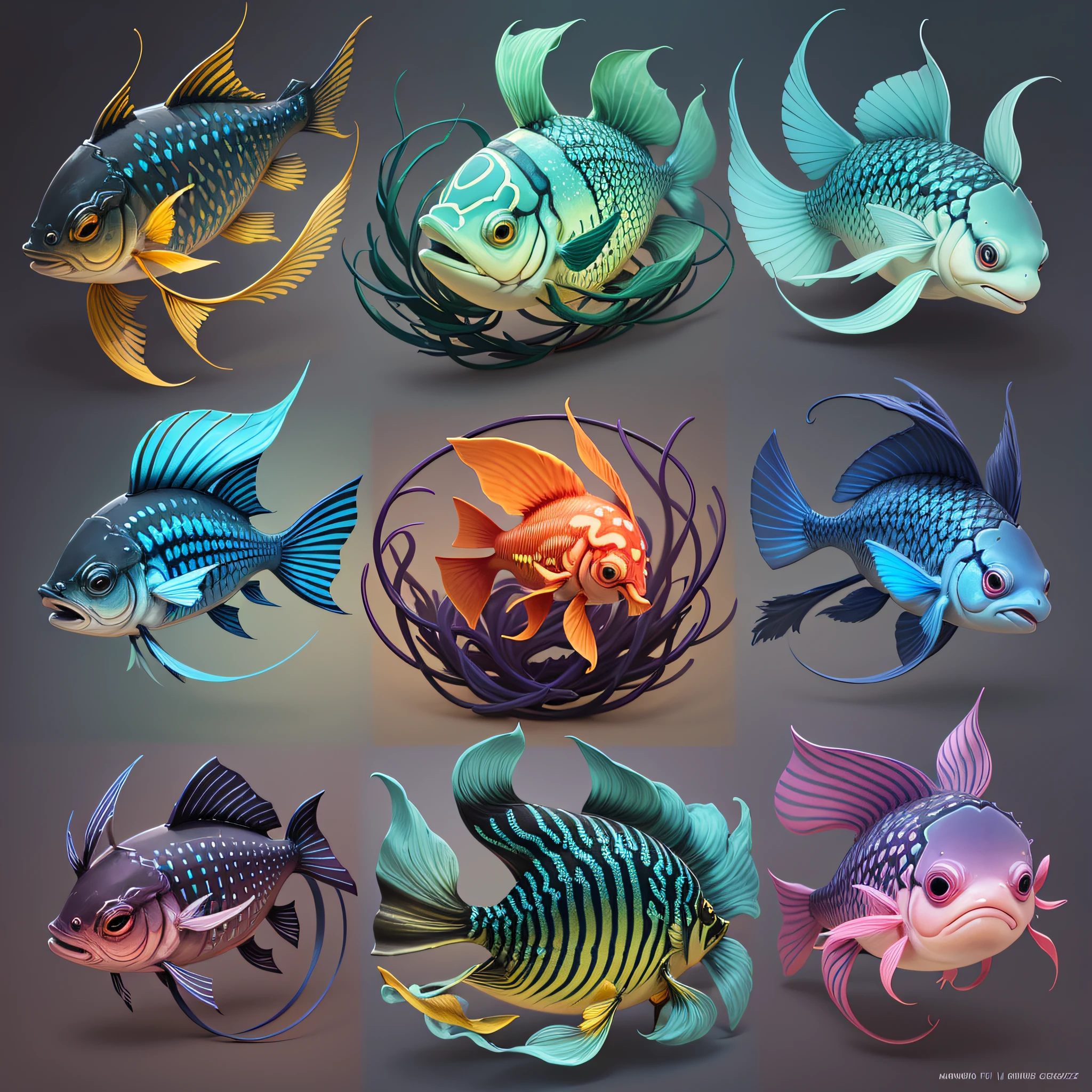 A closeup of a lot of different types of fish, dota2 artifact, active game icon, mix of tentacle creatures, bioluminescent creatures, sea creatures, deep sea creatures, Dota 2 concept art, deep sea theme, asset sheet, League of Legends inventory item, game asset sheet, masterpeice, dota, RPG game inventory item,  Dota 2,Detailed Realistic Colors, Highly Detailed Digital Painting, High Quality Illustration, Highly Detailed Illustration, Colorful Fish, Fish --auto --s2