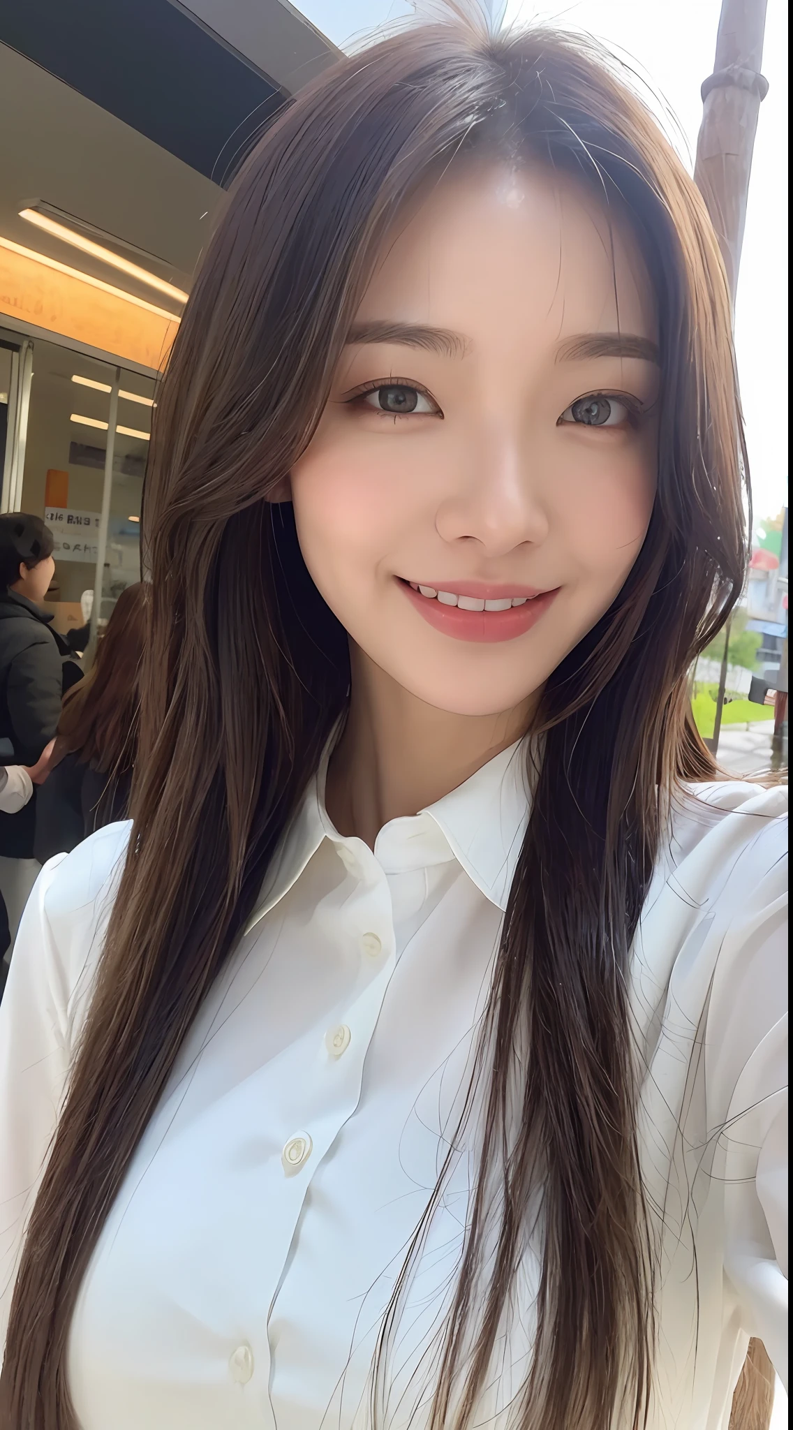 ((Best Quality, 8K, Masterpiece: 1.3)), Sharp Focus: 1.2, A Beautiful Woman with Perfect Figure: 1.4, Slim Abs: 1.2, (Layered Hairstyle,: 1.2)), (Wet White Button Long Shirt: 1.3), Rain: 1.3, Street: 1.2, Wet Body: 1.1, Highly Detailed Face and Skin Texture, Detailed Eyes, Double Eyelids, Big Breasts, Smile,