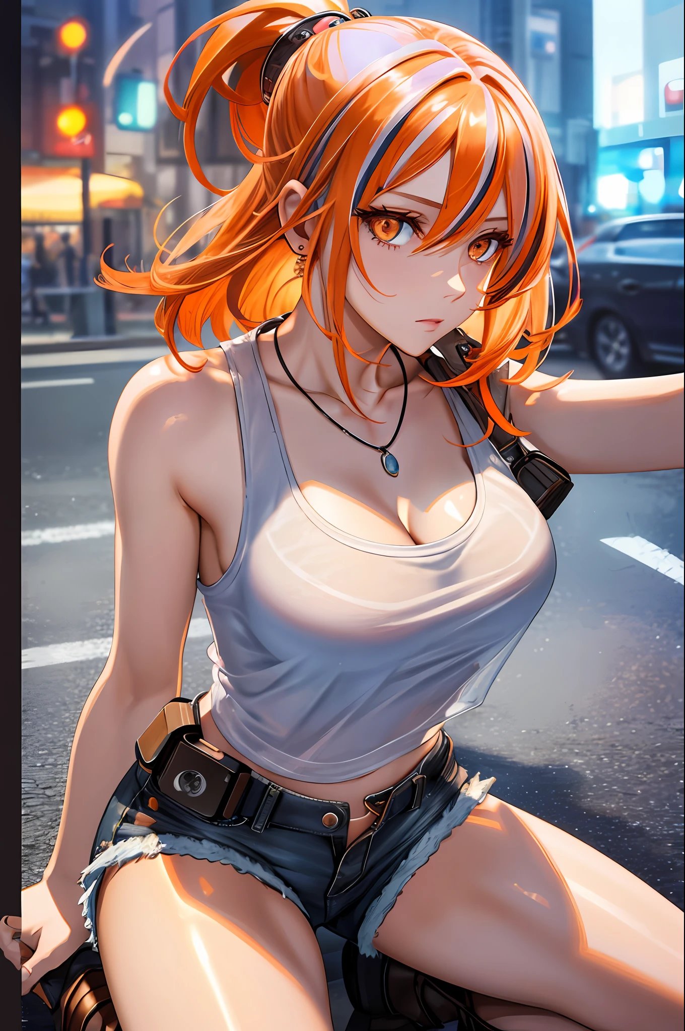realistic, Beautiful detailed girl, clear and beautiful, Personage as the main perspective, shiny_skin, girl,woman,female, young,25 years old, (medium hair), bangs, (Top knot), sidelocks, orange hair, (beautiful detailed Glass hair), pink streaked hair,beautiful detailed cold face, cold expression, complex details beautiful and delicate eyes, fingernails, medium_breasts, , orange eyes, Authentic skin texture, (piercing), necklace, tank_top, short_shorts, knee_boots, bloom,(line art:1.2),realistic illustration,unreal engine,(GoPro),insanely detailed,perfect shading