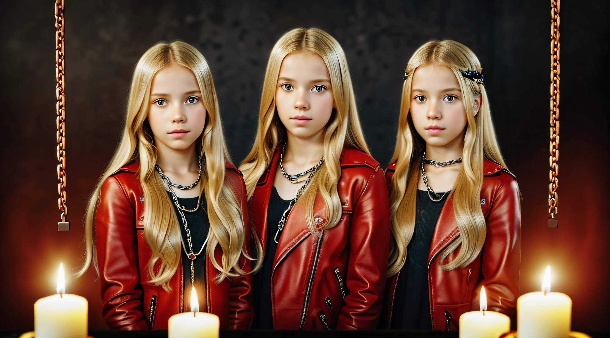 A half body, portrait of 3 girls German children long blonde hair GIANT 12 years old, red leather jackets, holding in their hands a cross, bottom of chains, chain, more chains, many chains, , red, red fire, many background flames. A FEW CANDLES LIT,