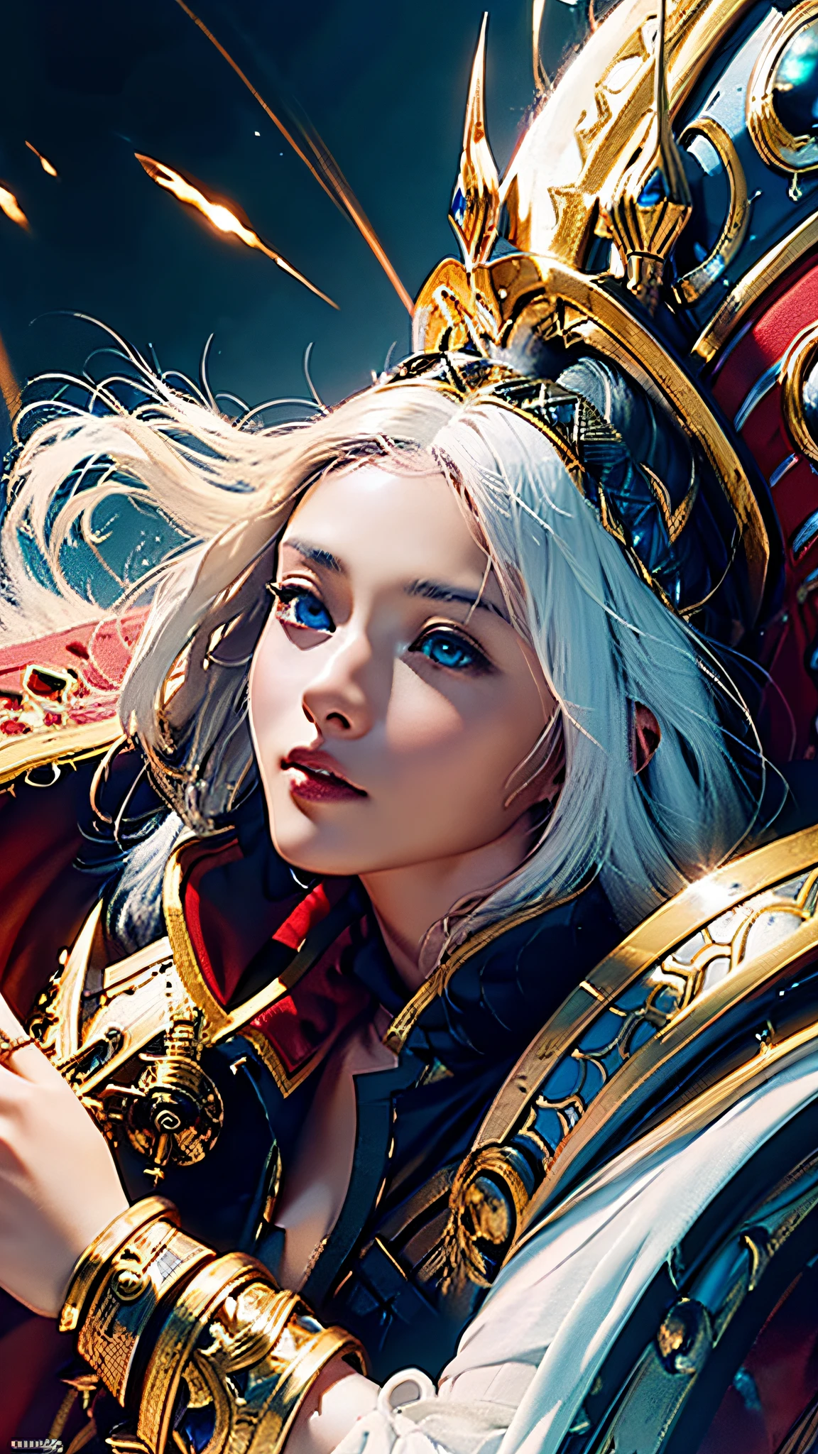 Official Art, Unity 8k Wallpaper, Ultra Detail, Masterpiece, Best Quality, One Woman, (Very Detail), Dynamic Angle, Mystical Expression, Fire Glowing Effect, Fantasy Background, Rim Lighting, Side Light, Cinematic Light, Ultra High Definition, 8k UHD, Film Grain,Best Shadow, Delicate, RAW, Light Particles, Detailed Skin Texture, Detailed Gem Armor Texture, Detailed Face, Complex detail, ultra detailed, bright, strong, luxurious gold armor, cleavage, has glowing weapons, has a shield, pole dron, (((white hair)), shining black eyes, long red cloak, fantasy, (realistic),