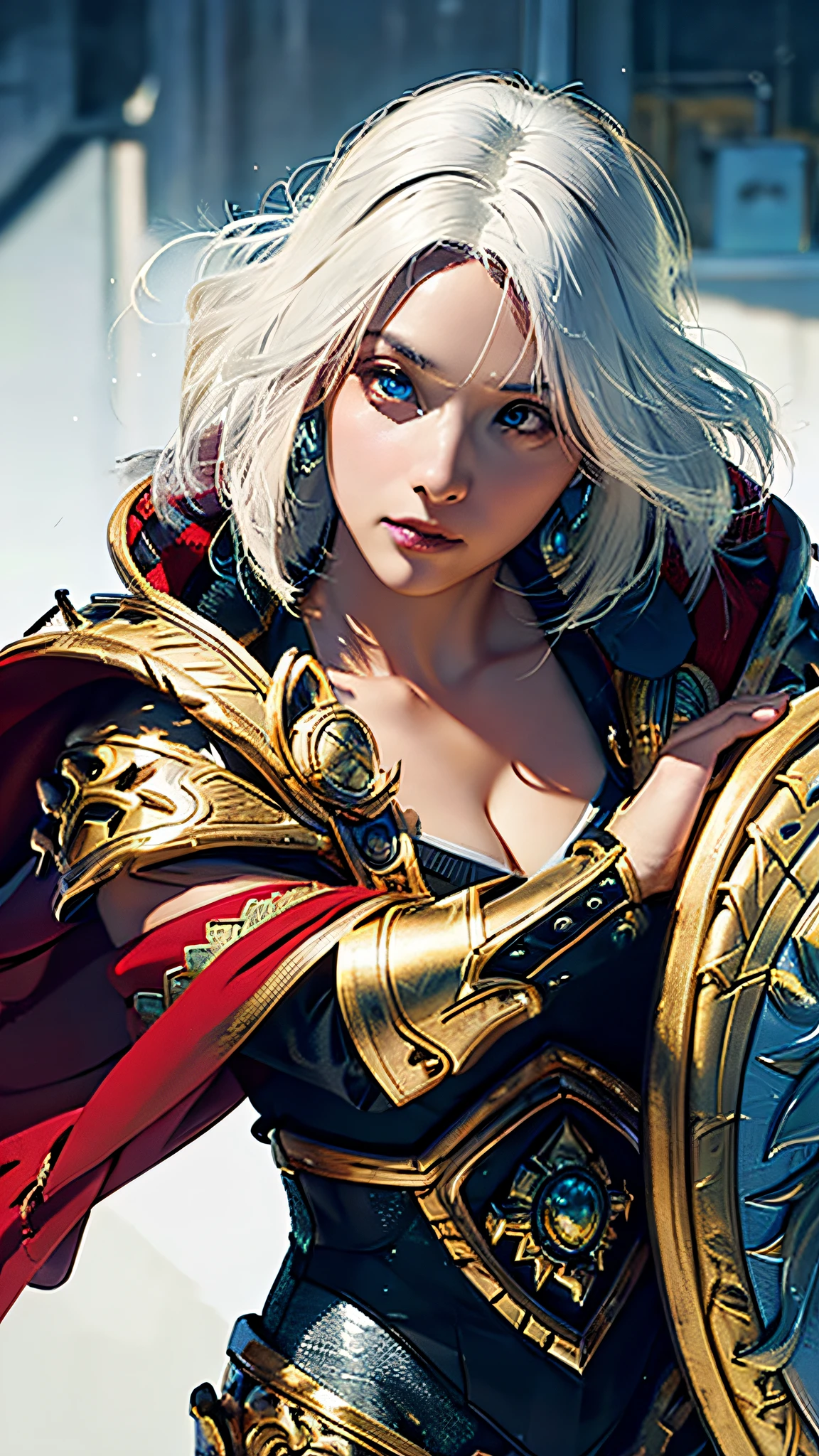 Official Art, Unity 8k Wallpaper, Ultra Detail, Masterpiece, Best Quality, One Woman, (Very Detail), Dynamic Angle, Mystical Expression, Fire Glowing Effect, Fantasy Background, Rim Lighting, Side Light, Cinematic Light, Ultra High Definition, 8k UHD, Film Grain,Best Shadow, Delicate, RAW, Light Particles, Detailed Skin Texture, Detailed Gem Armor Texture, Detailed Face, Complex detail, ultra detailed, bright, strong, luxurious gold armor, cleavage, has glowing weapons, has a shield, pole dron, (((white hair)), shining black eyes, long red cloak, fantasy, (realistic),