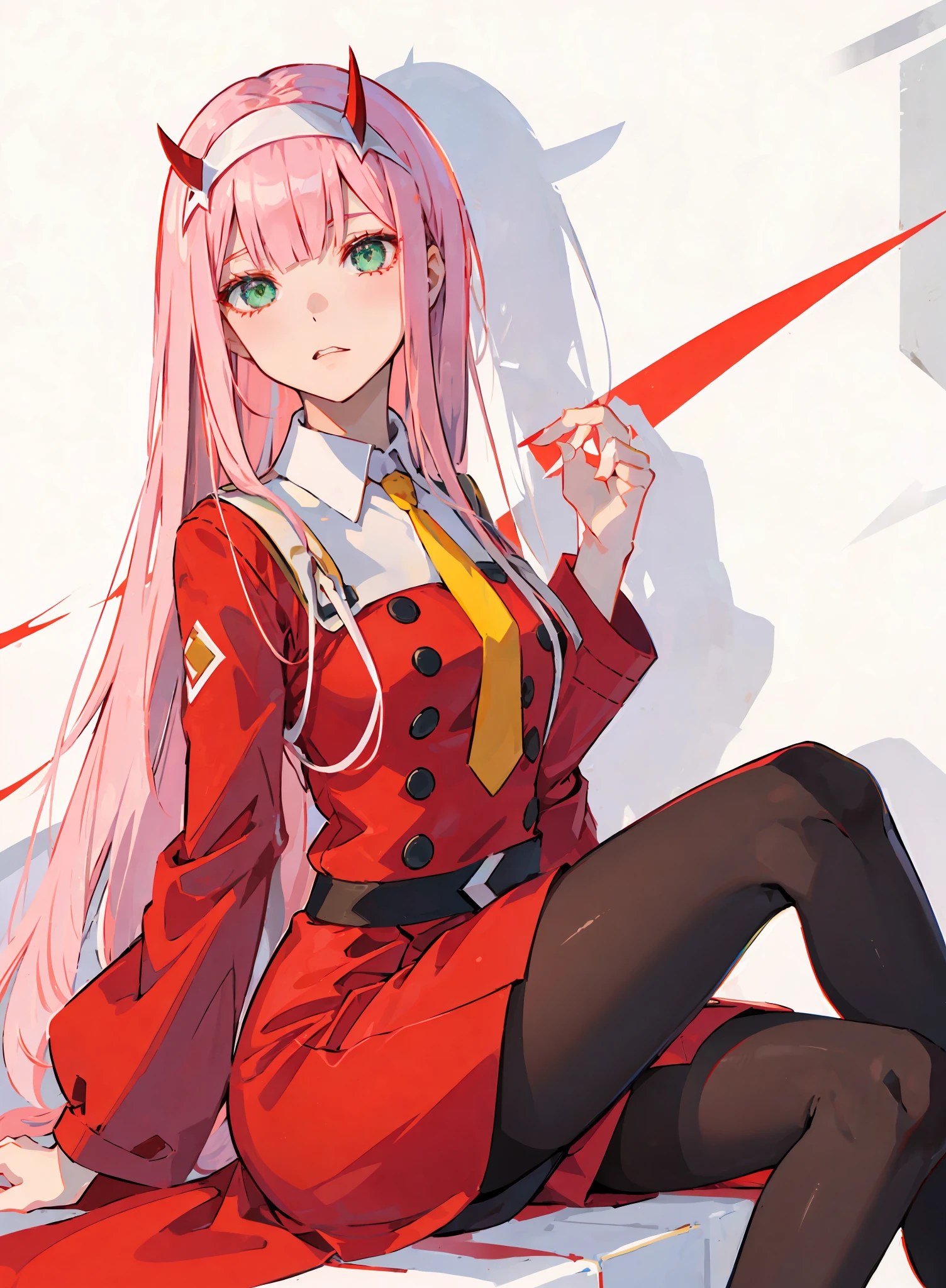 zero two \(darling in franxx\), darling in franxx, 1girl, fringe, bite, shadow, green eyes, horns, long hair, looking at the viewer, small breasts, big thighs, makeup, red dress with details, yellow tie, pink hair, pantyhose, red eyeshadow, tight skin, solo