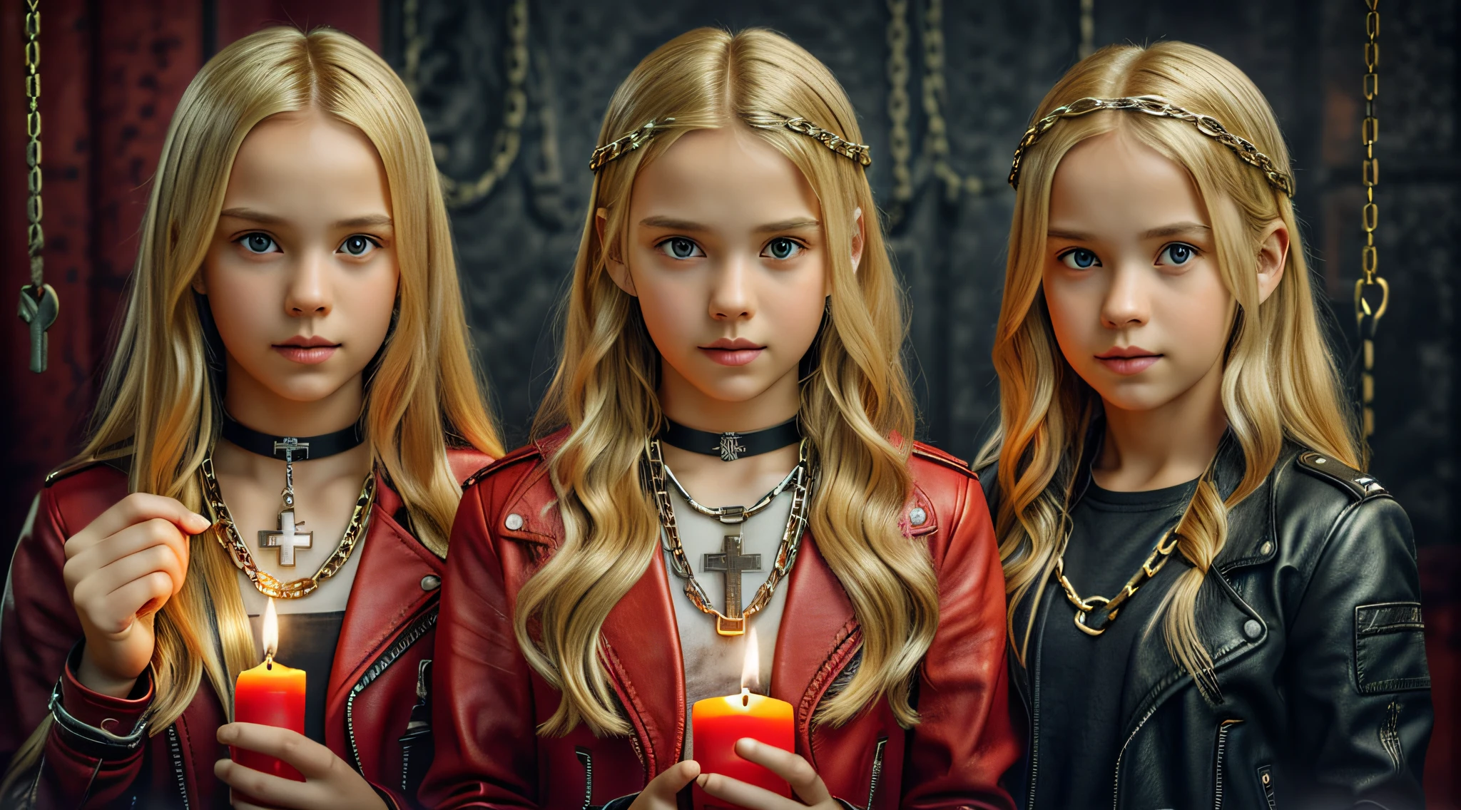 A half body, portrait of 3 girls German children long blonde hair of 12 years, red leather jackets, holding in their hands a cross, background of chains, chain, more chains, many chains, , red, red fire, many background flames. A FEW CANDLES LIT,