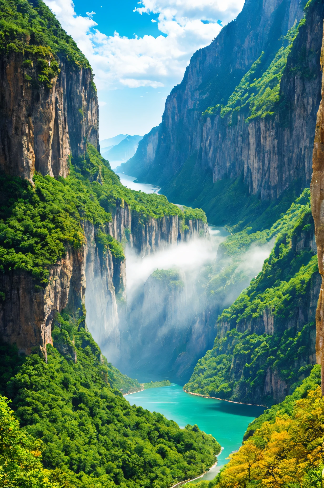 Masterpiece, ultimate quality, Cg unity 8k wallpaper, super delicate, beautiful sky and clouds, rich natural scenery, cliffs, lakes and rivers, waterfalls and flying water, beautiful green mountains, no trace of people, excellent scenery, has already won a photo contest, background Blurring, full depth of field, HDR high dynamics, true restoration, intricate, extreme details, dramatic presentation, perfectly presenting the style of midjourney art.