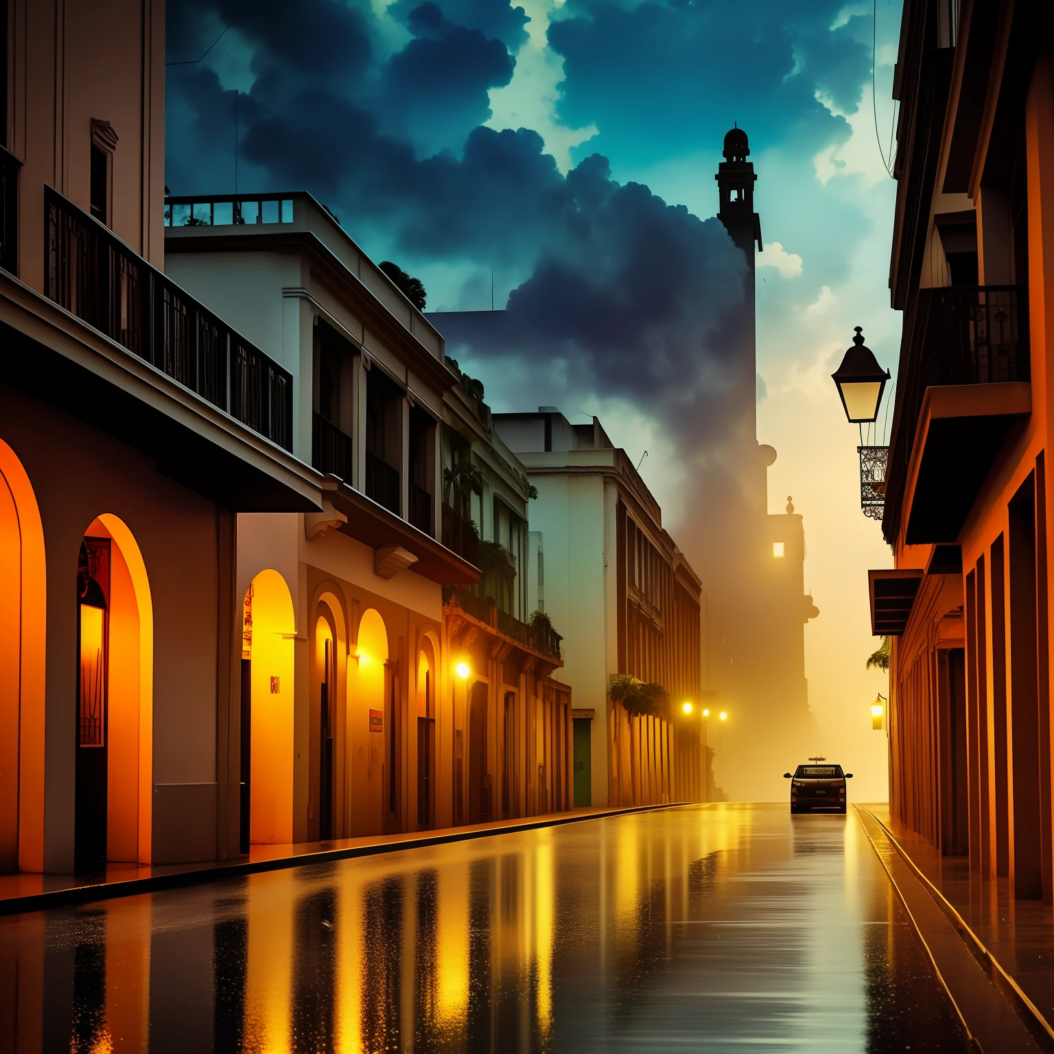 elements that represent the city of Recife-Brazil, such as abandoned buildings, and empty streets, the rain falling on the city, inspired by maxfield parrish