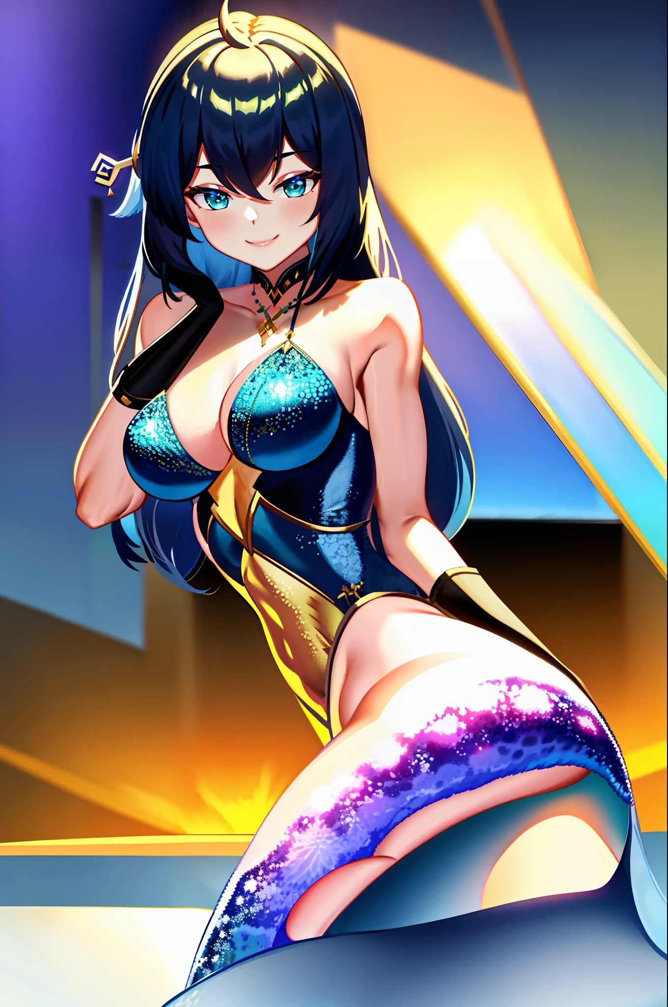 masterpiece, best quality, mermaid tail, solo, long hair, breasts, looking at the viewer, smile, bangs, large breasts, long blue hair, hair ornament, green eyes, gloves, dress, neckline, jewelry, medium breasts, mischievous smile, thighs, fingerless gloves, Yelan (genshin impact),