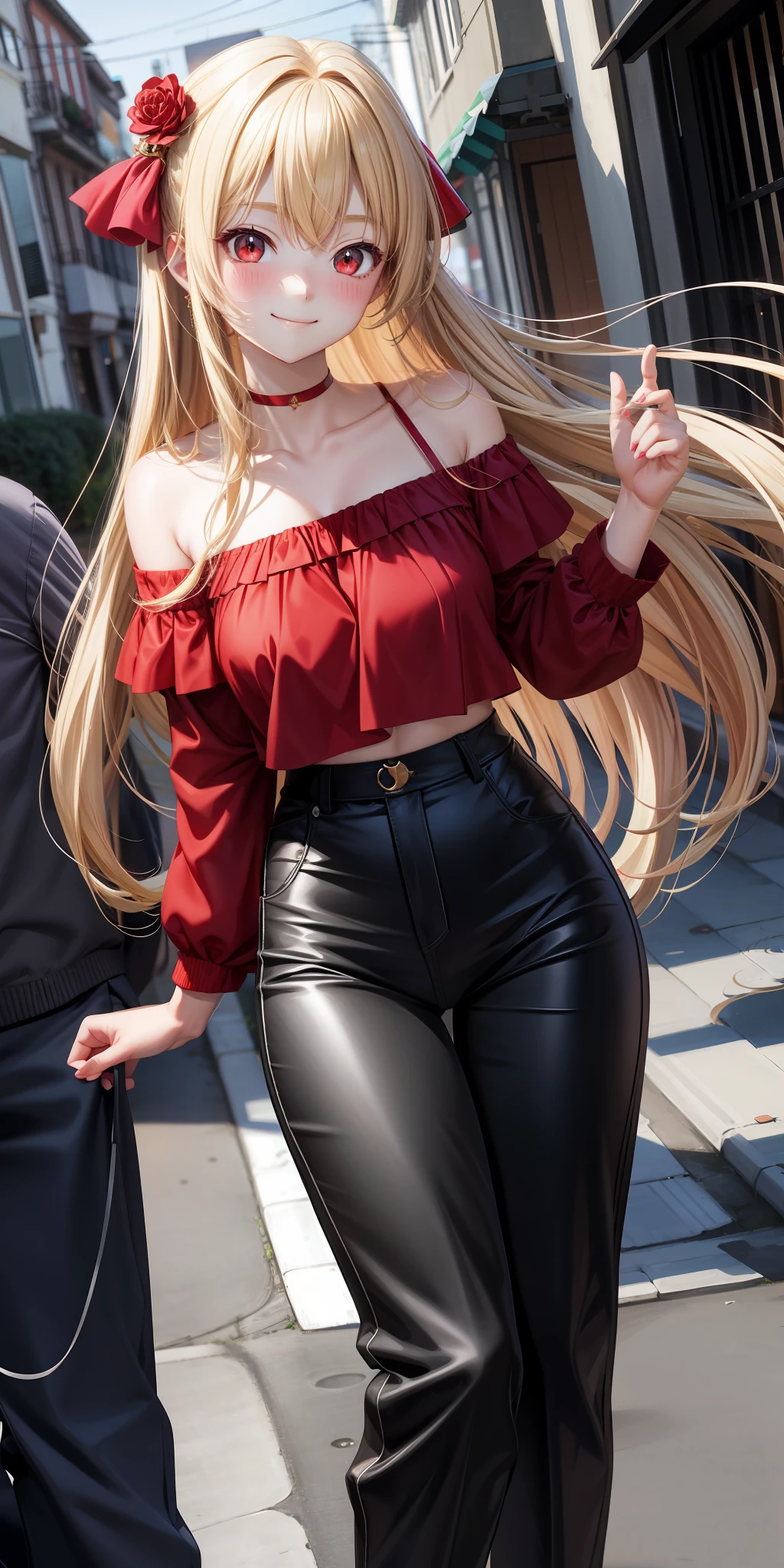 anime, single girl, blonde, long hair, red eyes, off-shoulder, red dress, upward-looking, blush, smile, pants visible