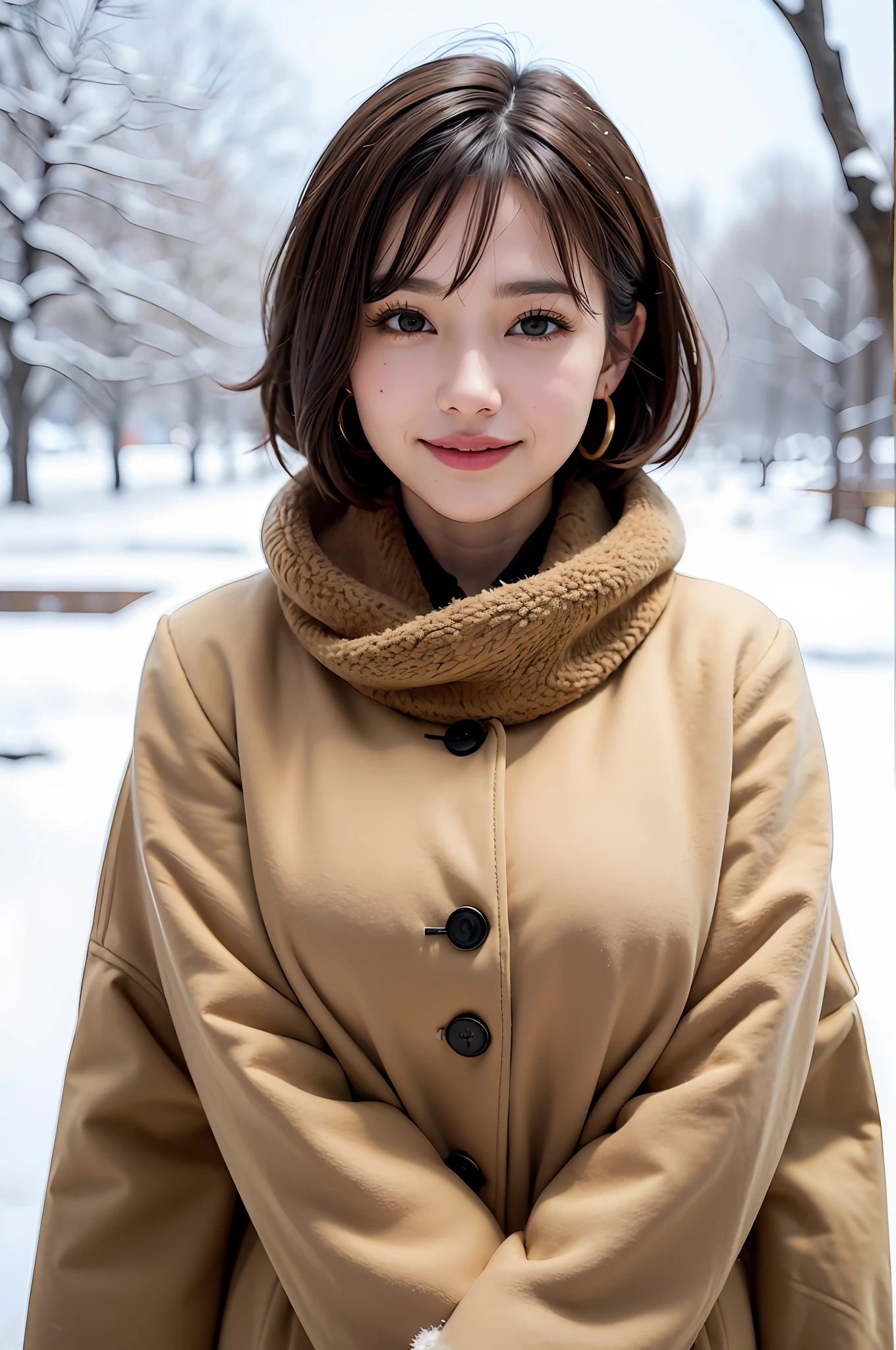 1 girl, bare_tree, brown_eyes, brown_hair, building, coat, cross_earrings, earrings, fur, fur trimmed_coat, fur_collar, fur_scarf, fur_trim, jewelry, lips, shorthair, looking_at_viewer, outdoors, snow, snow, solo, tree, upper_body, Winter, winter_clothes, detailed_eyes, Big breasts, arms close together, Chest to camera, Big, Ears out, Golden ratio face, Golden ratio body, Top quality, Ultra high definition, Bangs, Thick bangs, Highlights in the eyes, Mouth closed, Happy smile Short bob hair, Short hair, Short and beautiful hair, Big eyes, Clear double eyelids