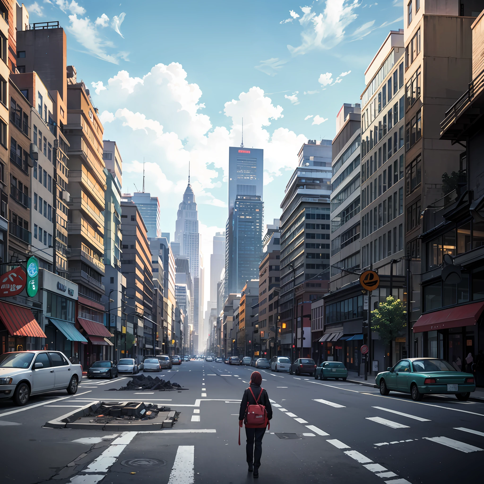 create a street with all the buildings destroyed, cars abandoned and burned in the middle of the street, and descending from the sky a being from another planet, with mossy green skin, very thin, high quality image, cinematic image, realistic image, --auto --s2