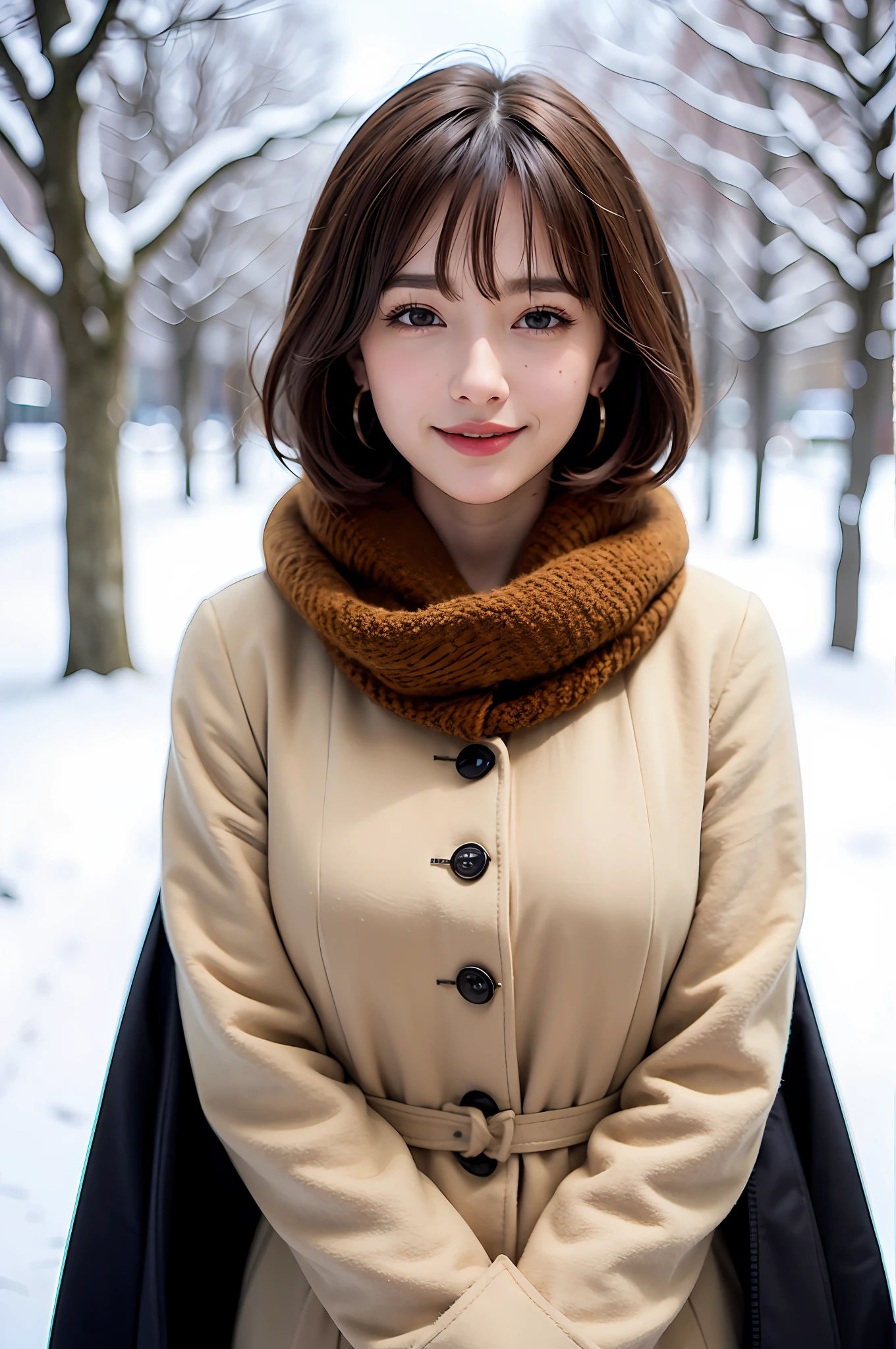 1 girl, bare_tree, brown_eyes, brown_hair, building, coat, cross_earrings, earrings, fur, fur trimmed_coat, fur_collar, fur_scarf, fur_trim, jewelry, lips, shorthair, looking_at_viewer, outdoors, snow, snow, solo, tree, upper_body, Winter, winter_clothes, detailed_eyes, Big breasts, arms close together, Chest to camera, Big, Ears out, Golden ratio face, Golden ratio body, Top quality, Ultra high definition, Bangs, Thick bangs, Highlights in the eyes, Mouth closed, Happy smile Short bob hair, Short hair, Short and beautiful hair, Big eyes, Clear double eyelids