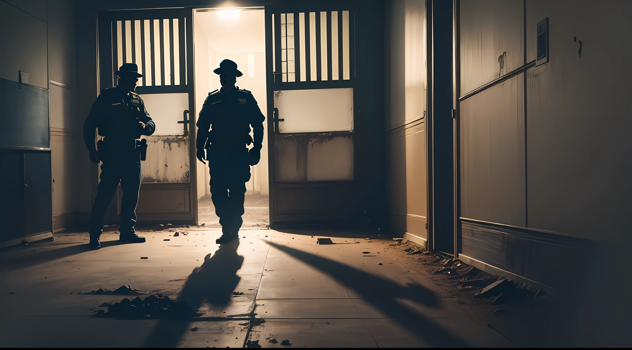 Two police men, abandoned, night, atmosphere of horror, unstable light, focus on shadows, dirty and grainy texture.