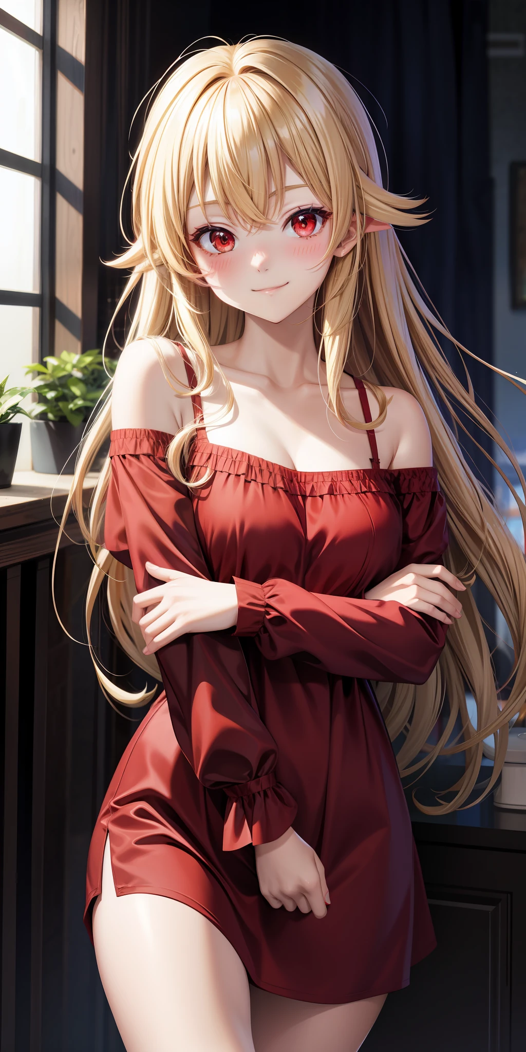 anime, single girl, blonde, long hair, red eyes, off-shoulder, red dress, upper eyes, blush, smile, underwear slightly visible