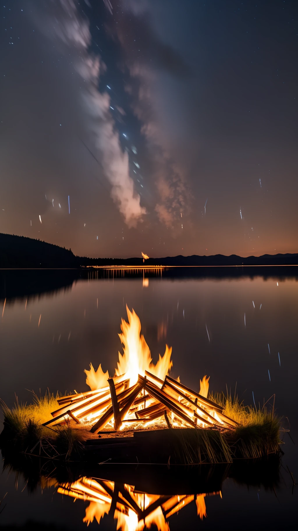 A bonfire in front of a lake, reflections, dark night, 8k, high contrast