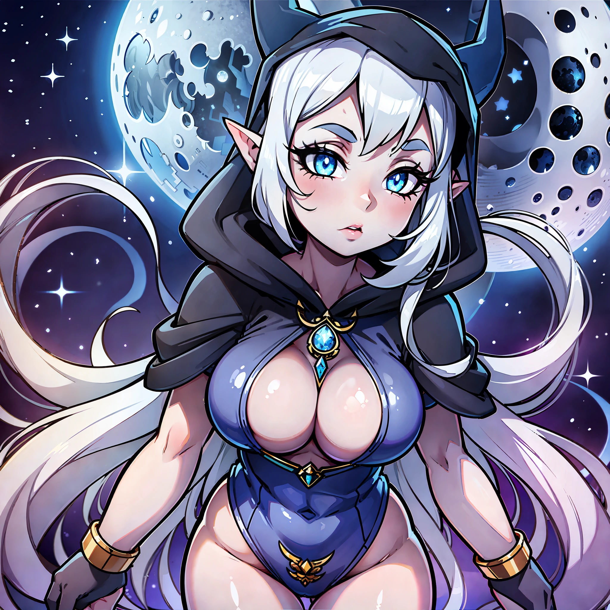 Elf ears, pointed ears, tight clothes, hood up, hood with antlers Mysterious, Enigmatic, Otherworldly, Solitary, Sage, Lunar being, Moonlight, Silver-white hair, Shimmering blue and silver ribbons, Moonlit night, Reflective eyes, Deep wisdom, Melancholy, Slender, Graceful, Pale luminescence, Moonlight glow, Silver-white hair, Shimmering blue and silver ribbons, Reflective eyes, Silvery-blue glow, Moonlit night, Flowing gown, Phases of the moon, Dark blue, Deep purple, Silver and gold celestial patterns, Stars, Moons, Constellations, High collar, Hood, Silver amulet, Delicate chain, lantern, Moon, Gentle source of light, Silver rings, Moonstones, 1girl, simple background, colored background, wide hips, full body, pin up, big , tease, stripping, sexyweaty, ahegao, big eyes, colored skin, light purple skin, naked h