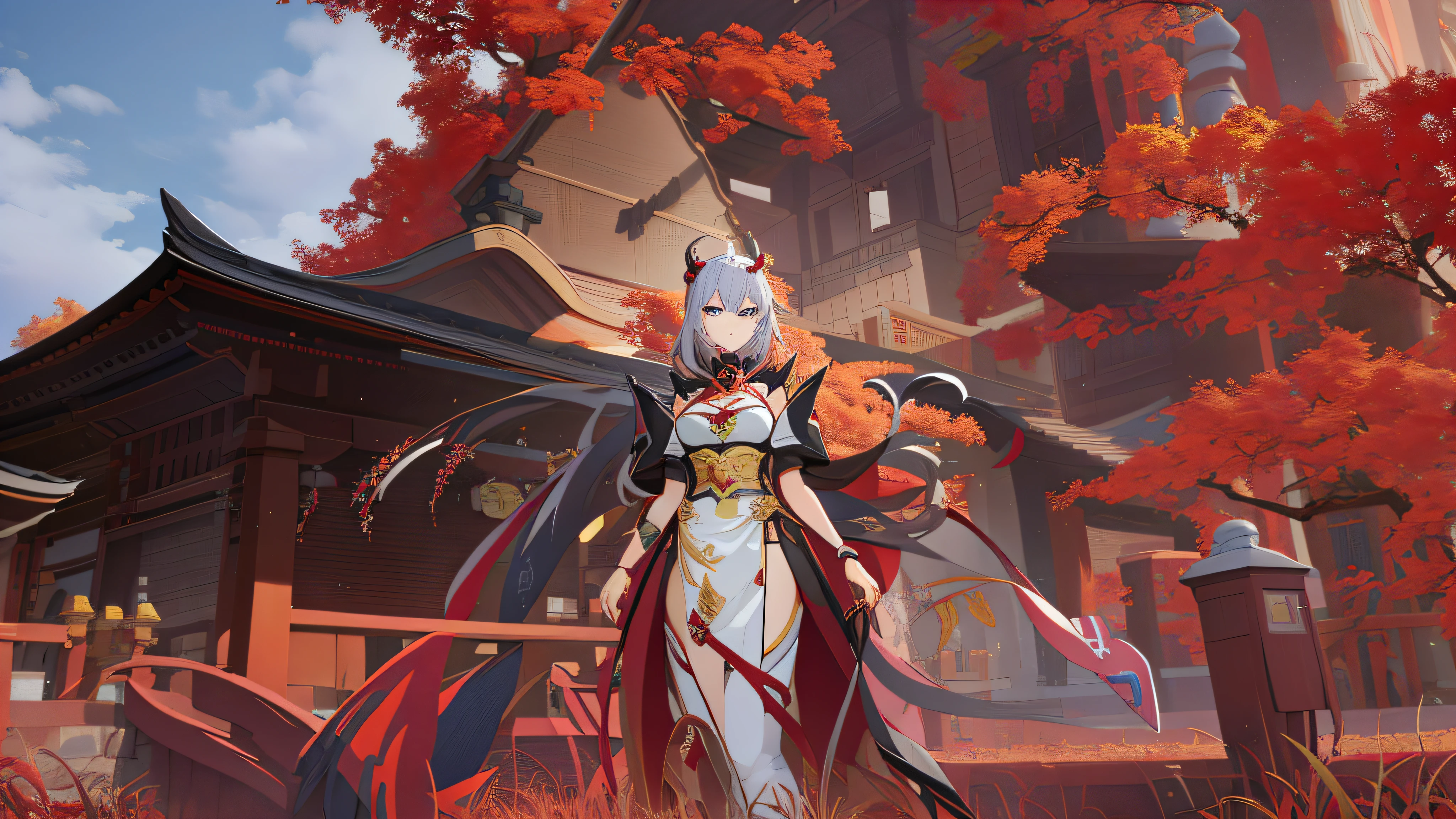 ((Best Quality)),((Masterpiece)). (Detail:1.4),3D Anime - style image of a woman in a red dress standing in front of a building, Ayaka game Genshin Impact, Ayaka Genshin Impact, Kitsune-inspired armor, Onmyoji, Keqing from Genshin Impact, blade and soul, sharp silver armor fuchsia skin, Onmyoji detailed art, complete dress of lava showcase, Genshin Impact character --auto --s2