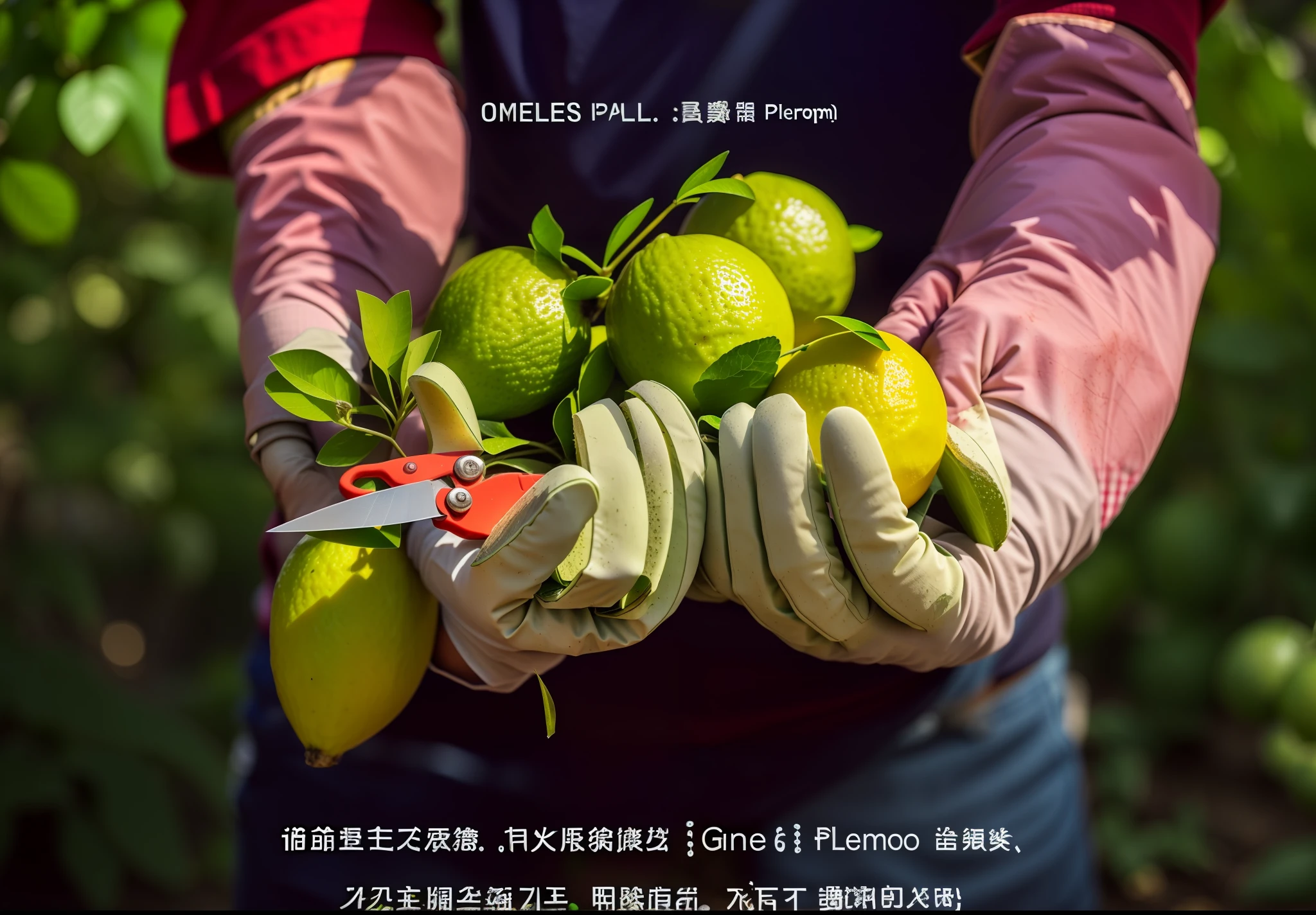 Someone has a big pile of lime in his hand, wearing a pair of gardening gloves, holding gardening scissors, it has a green peel lemon peel texture, (has a green peel lemon peel texture), wearing a green peel lemon,