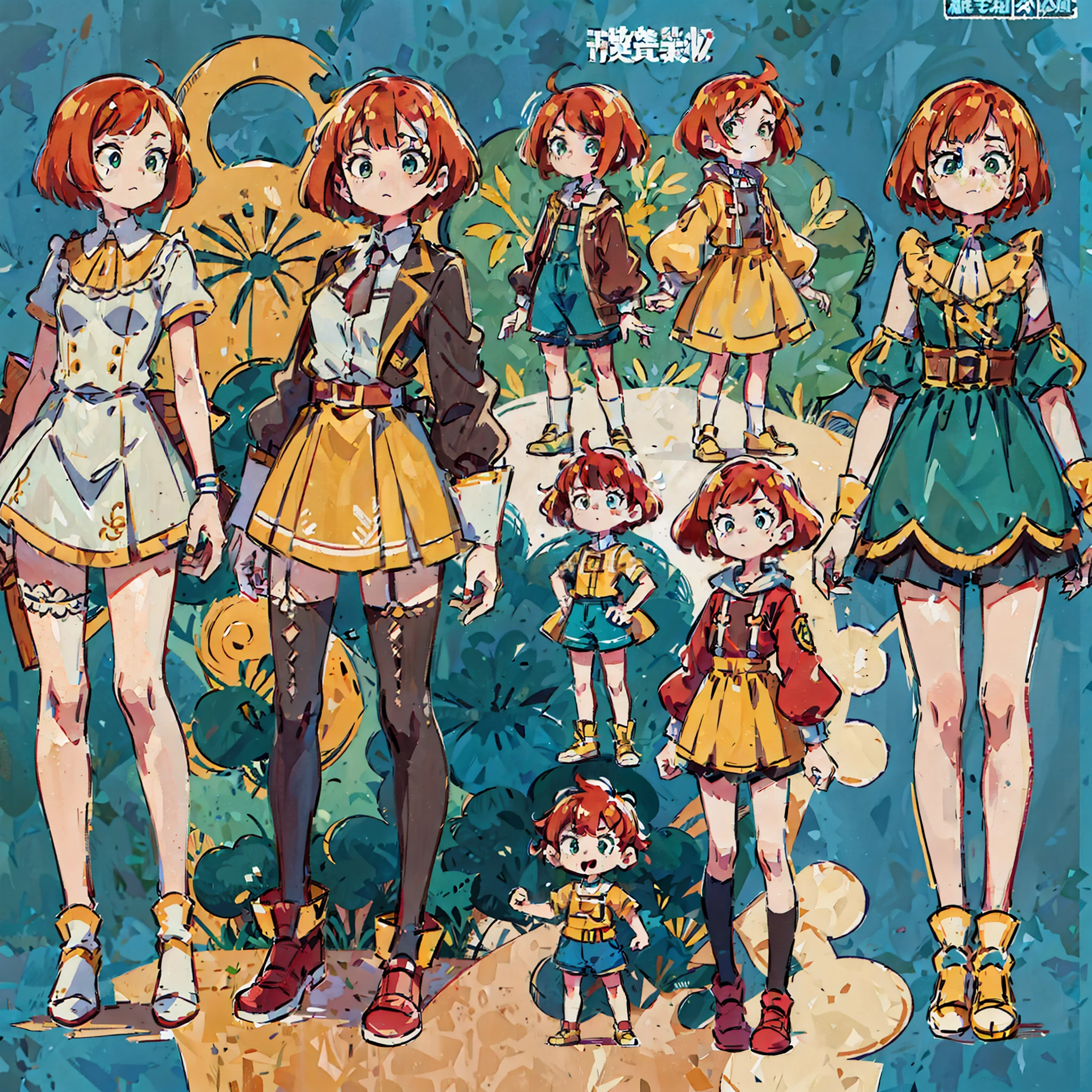 there are four different same character views, yellow dresse same character with short red bob style hair with bangs, madeline from celeste, human game protagonist designs, colored concept art, full body character design, anime character reference sheet, full body character concept, [ character design ], character reference, character concept reference art, full body character concept art, full character design, stylized character design, anime character design, character designs. Red hair bob, young girl, cute child,  green eyes, cute old fashion dress with brown shoes, long legs.