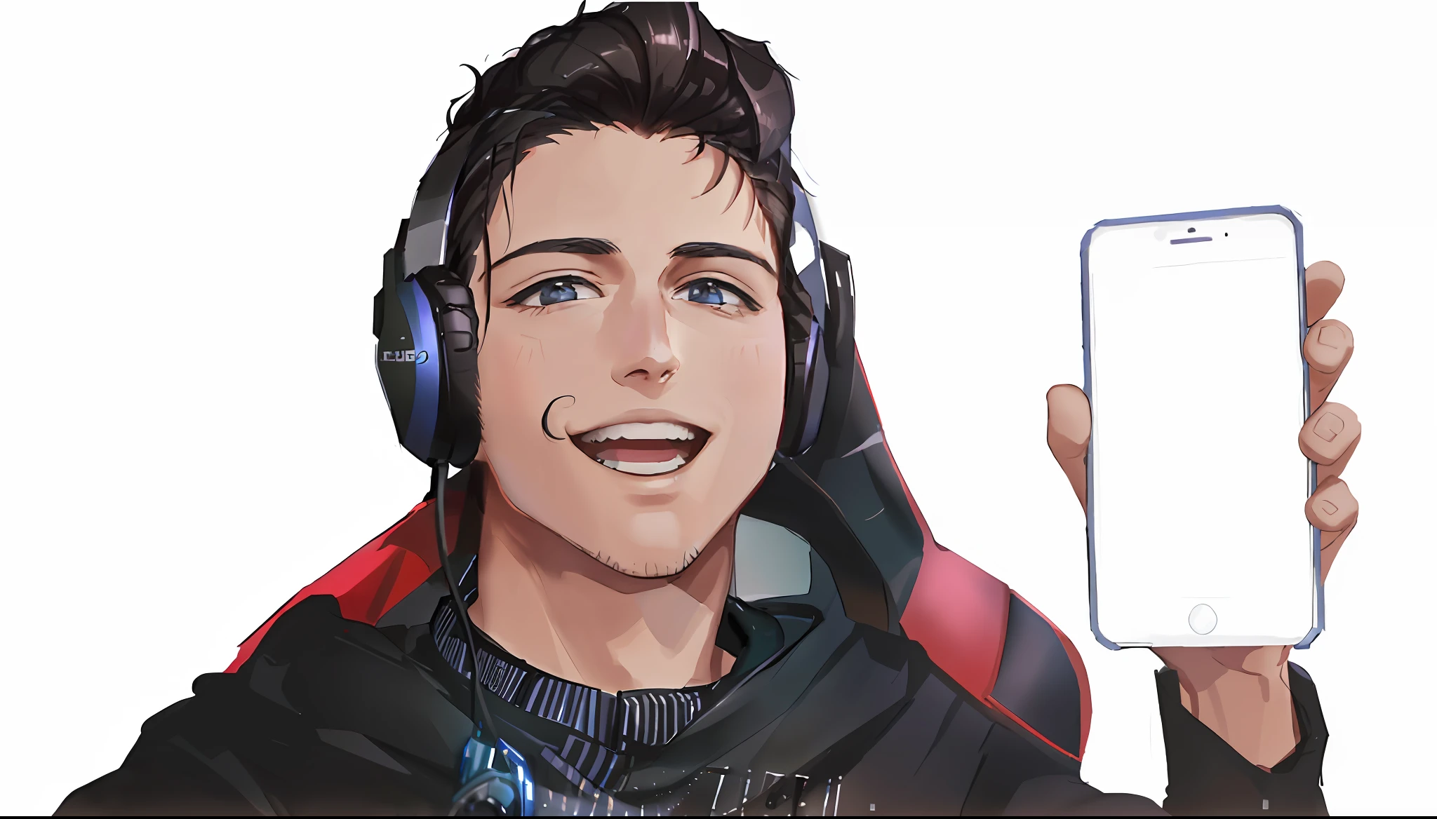 arafed man wearing headphones holding up a cell phone, twitch streamer / gamer ludwig, wearing a gaming headset, twitch streamer, streaming on twitch, xqc, twitch emote, wearing gaming headset, mutahar laughing, gamer, aykut aydogdu, youtuber, he is smiling, tony khan wearing a headset, solid background, frontal picture --auto --s2