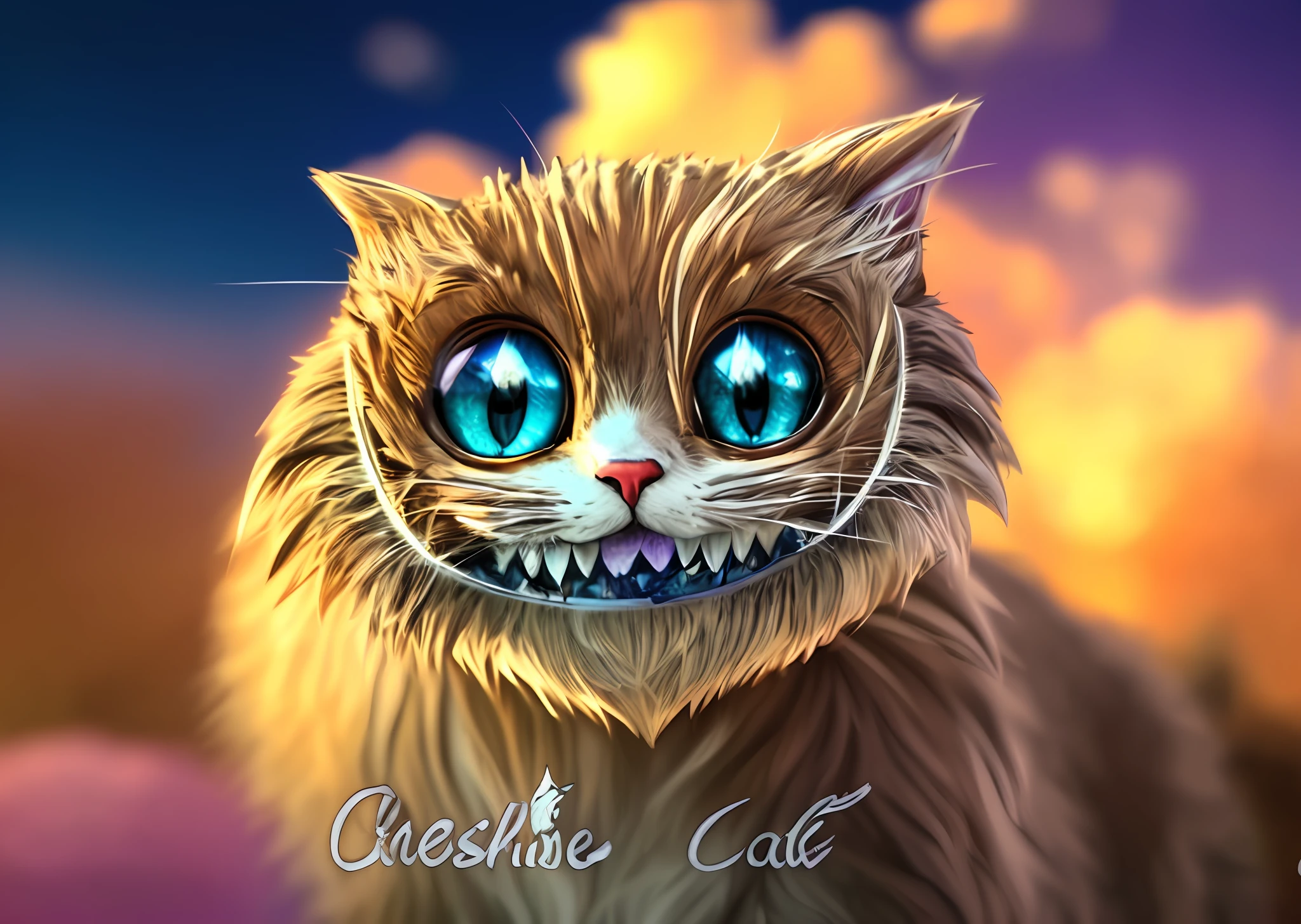 there is a cat with blue eyes and a smile on its face, cheshire cat, the cheshire cat, cute detailed digital art, cat. digital painting, adorable digital painting, cat detailed, cheshire cat drinking tea, realistic anime cat, cute digital art, 4k highly detailed digital art, digital painting highly detailed, anime cat, anthropomorphic cat
