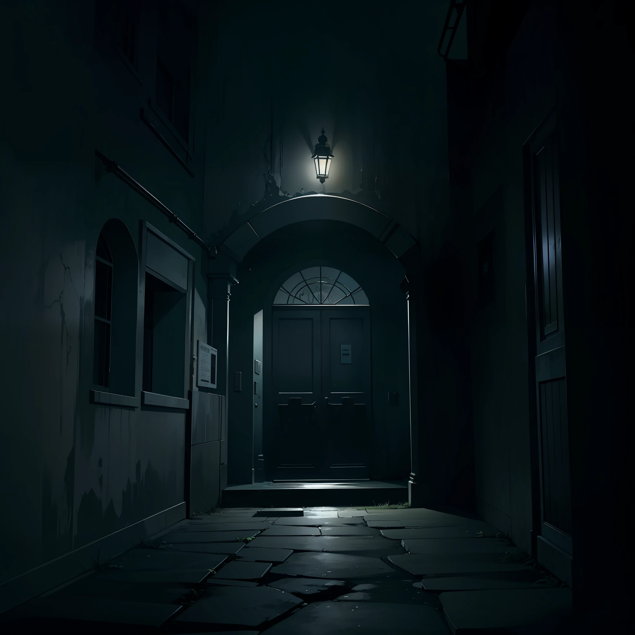 School entrance, scary, horror, dark themed, dark, night, low lighting
