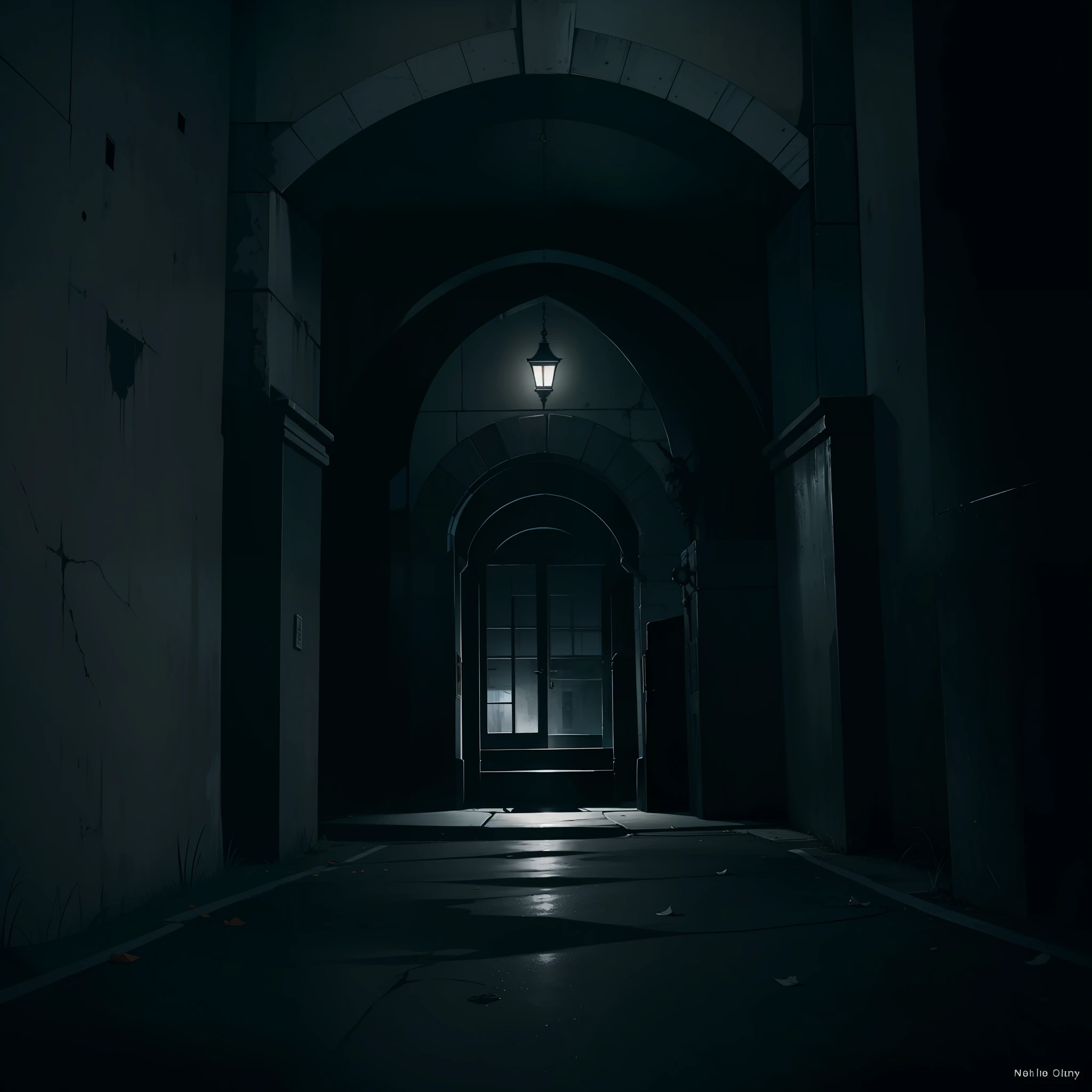 School entrance, scary, horror, dark themed, dark, night, low lighting