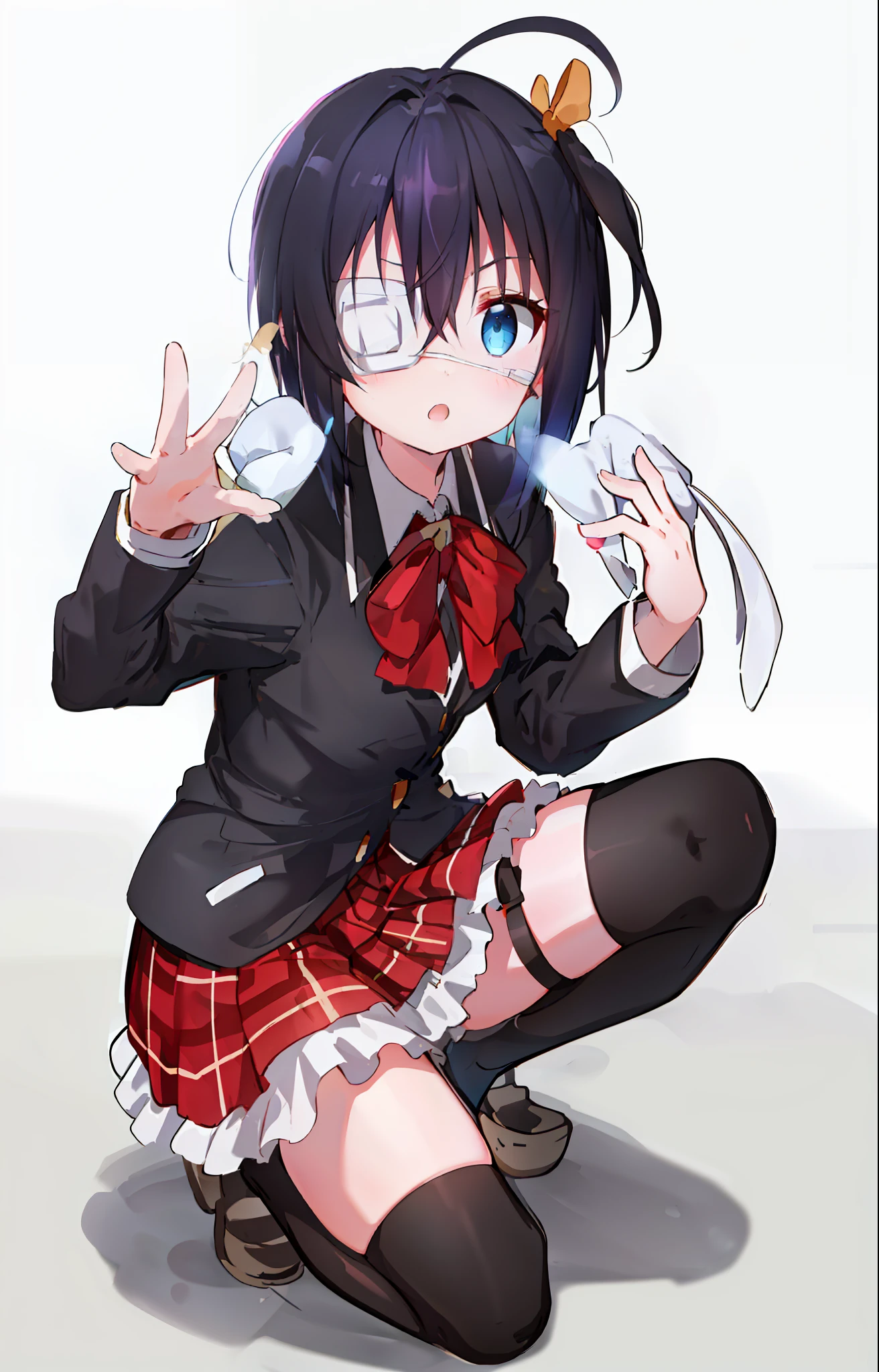 high res, masterpiece,Rikka Takanashi, black hair, solo, 1girl,outside,deatailed background, detailed eyes, ((blue eyes)), eyepatch