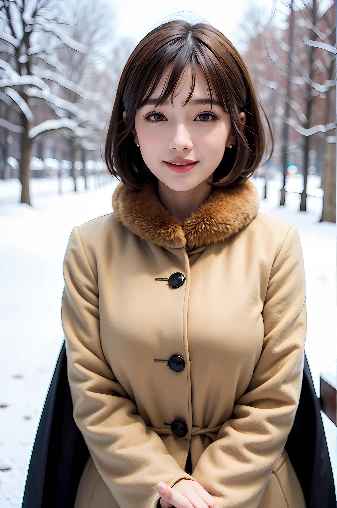 1 girl, bare_tree, brown_eyes, brown_hair, building, coat, cross_earrings, earrings, fur, fur trimmed_coat, fur_collar, fur_scarf, fur_trim, jewelry, lips, shorthair, looking_at_viewer, outdoors, snow, snow, solo, tree, upper_body, Winter, winter_clothes, detailed_eyes, Big breasts, arms close together, Chest to camera, Big, Ears out, Golden ratio face, Golden ratio body, Top quality, Ultra high definition, Bangs, Thick bangs, Highlights in the eyes, Mouth closed, Happy smile Short bob hair, Short hair, Short and beautiful hair, Big eyes, Clear double eyelids