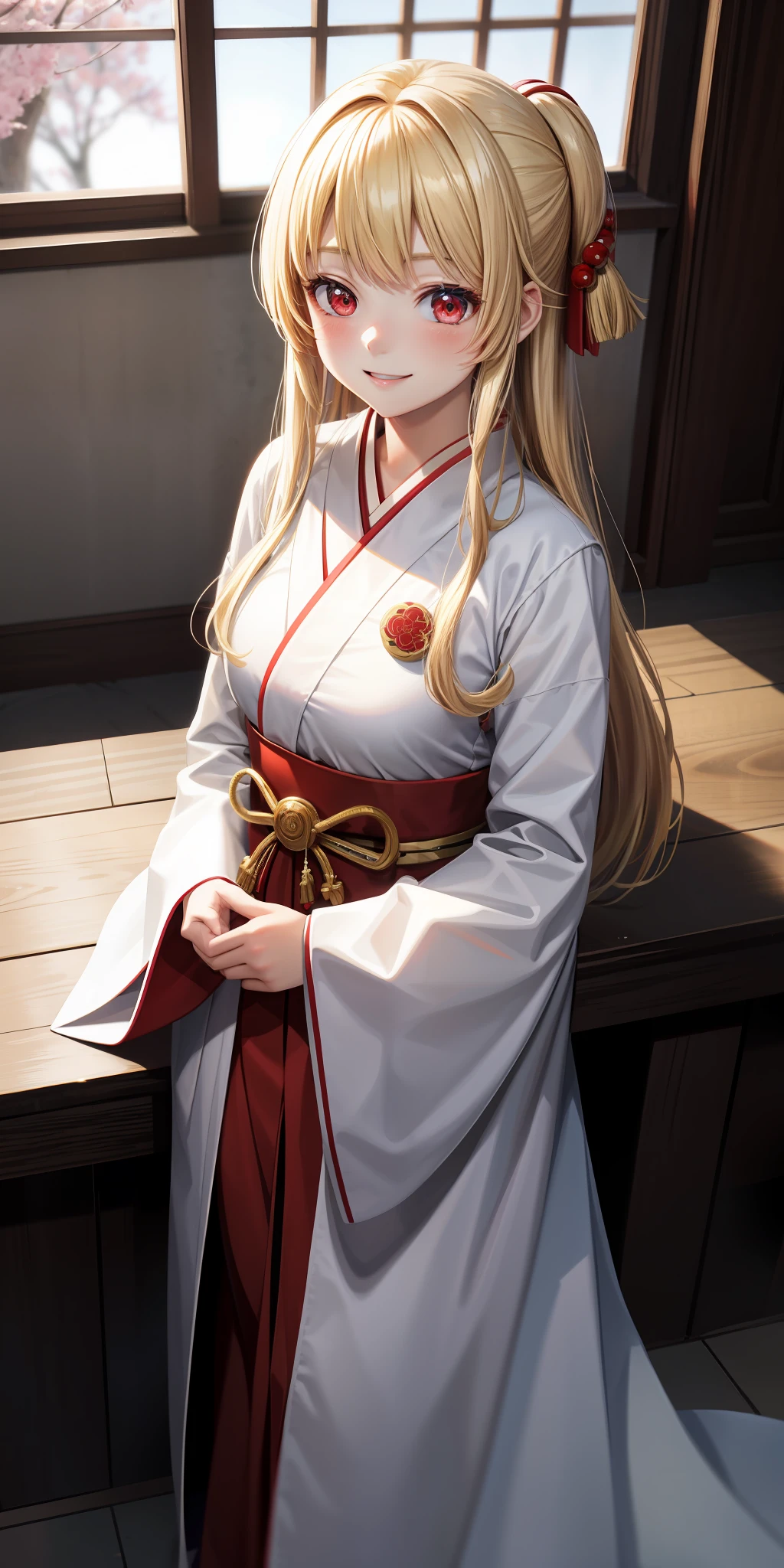 anime, girl 1 person, blonde, red eyes, white priestess uniform, red hakama, kamime usei, blush, japanese room, smiling