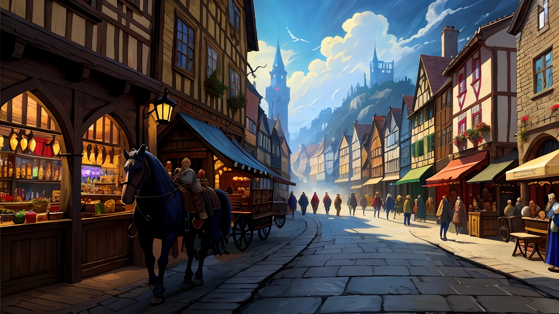 dnd best quality masterpiece atmospheric digital painting artwork 4k 8k highly detailed colorful wealthy (beautiful winding medieval city street:1.2) shops taverns people market horses (bright morning light:1.1) particles sunny blue sky mat painting, key visual anime background screencap  (Style-Renaissance:0.7) (Style-Empire:0.4)