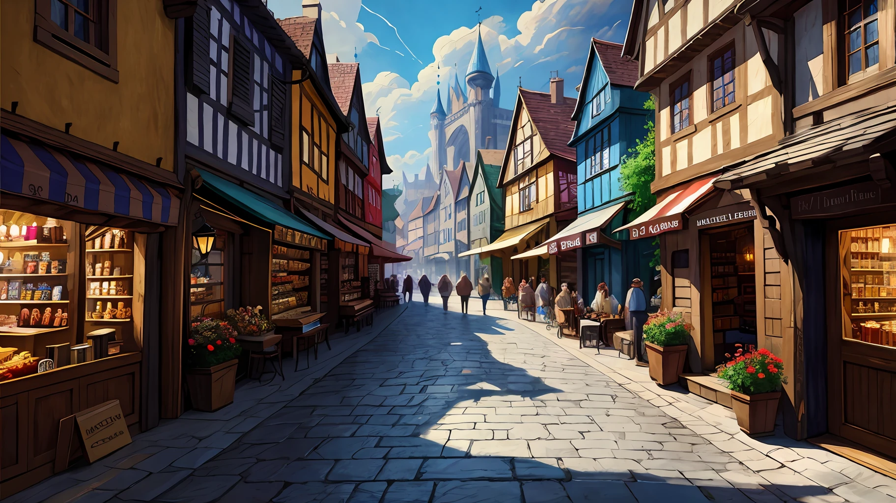 dnd best quality masterpiece atmospheric digital painting artwork 4k 8k highly detailed colorful wealthy (beautiful winding medieval city street:1.2) shops taverns people market horses (bright morning light:1.1) particles sunny blue sky mat painting, key visual anime background screencap (Style-Renaissance:0.7) (Style-Empire:0.4)