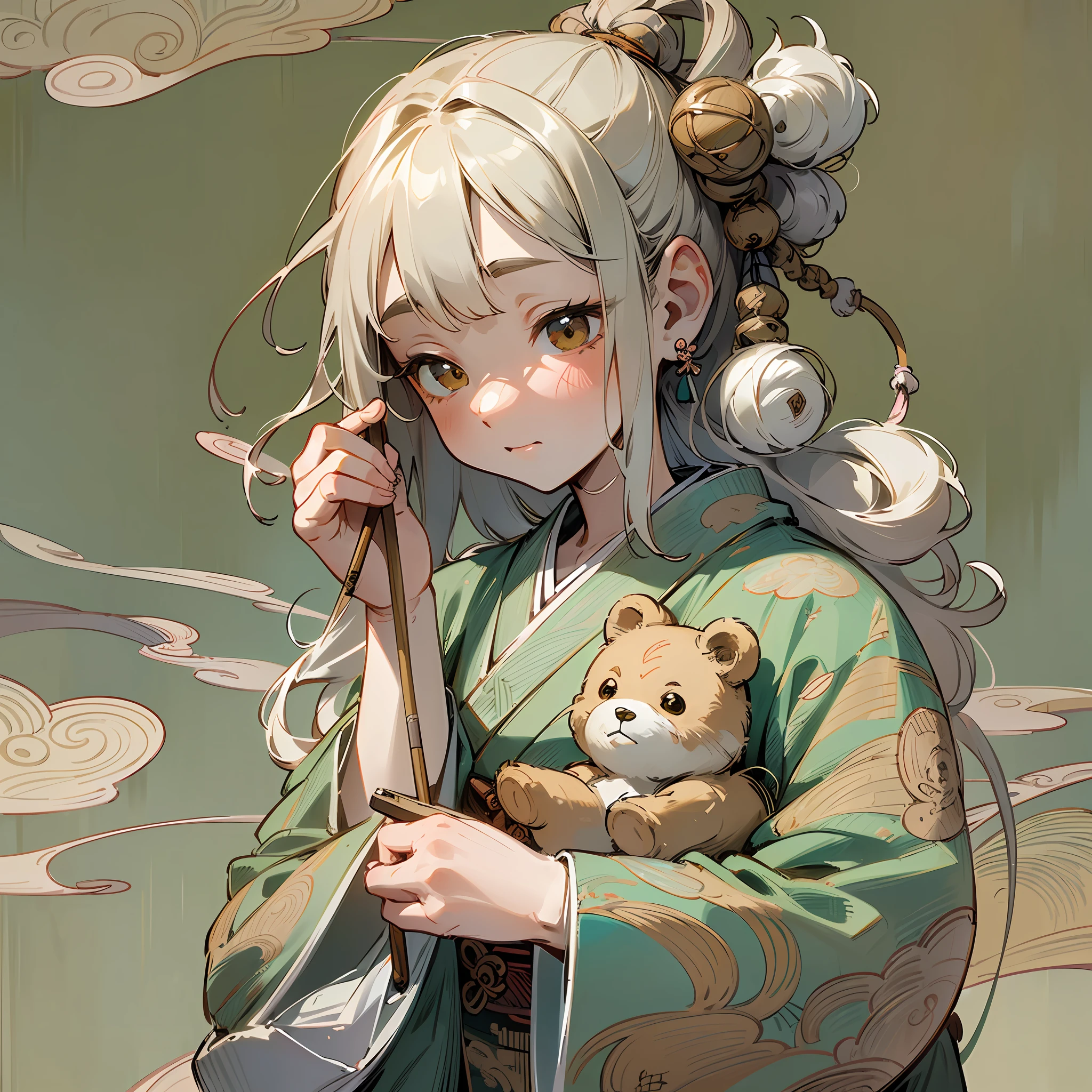 (Exquisitely detailed and intricate), Wabi-Sabi inspired teddy bear, (artistic brushwork, a delicate and unique touch), with a whimsical and charming disposition, (subtle, muted colors), (vintage or worn appearance), (Japanese-inspired motifs or symbols), (graceful and flowing lines), (imperfect or asymmetrical features). --auto --s2