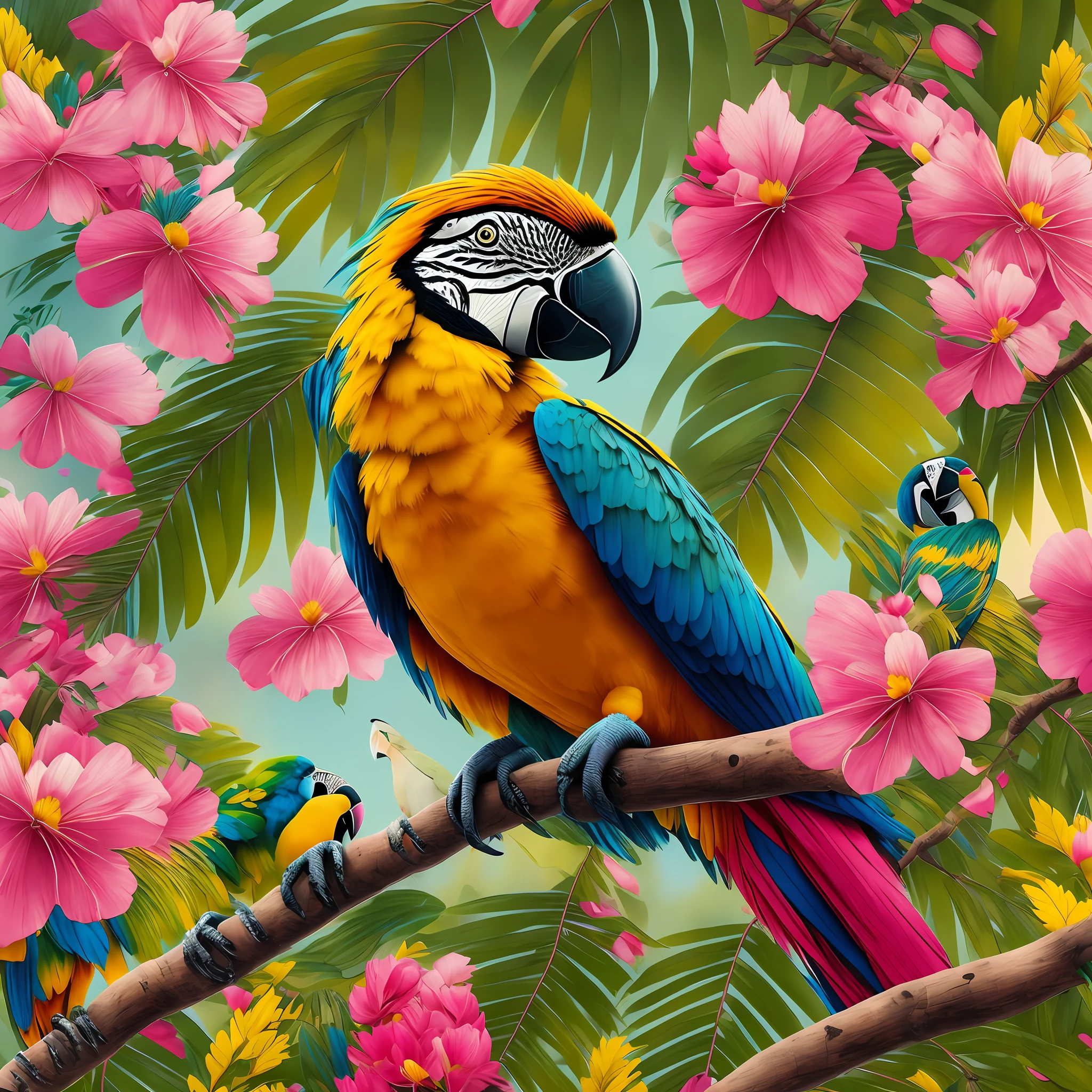 a Macaw sitting on a branch with pink flowers, cgi art, red-yellow colors, hyper-realistic sparrows, pinterest, photorealistic art style, in rich colors, an image generated out there, very detailed portrait, singing to you, breathtaking rendering --auto --s2