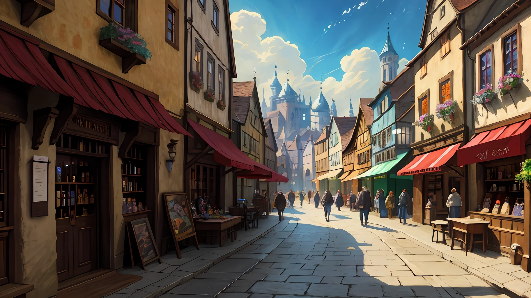 dnd best quality masterpiece atmospheric digital painting artwork 4k 8k highly detailed colorful wealthy (beautiful winding medieval city street:1.2) shops taverns people market horses (bright morning light:1.1) particles sunny blue sky mat painting, key visual anime background screencap  (Style-Renaissance:0.7) (Style-Empire:0.4)