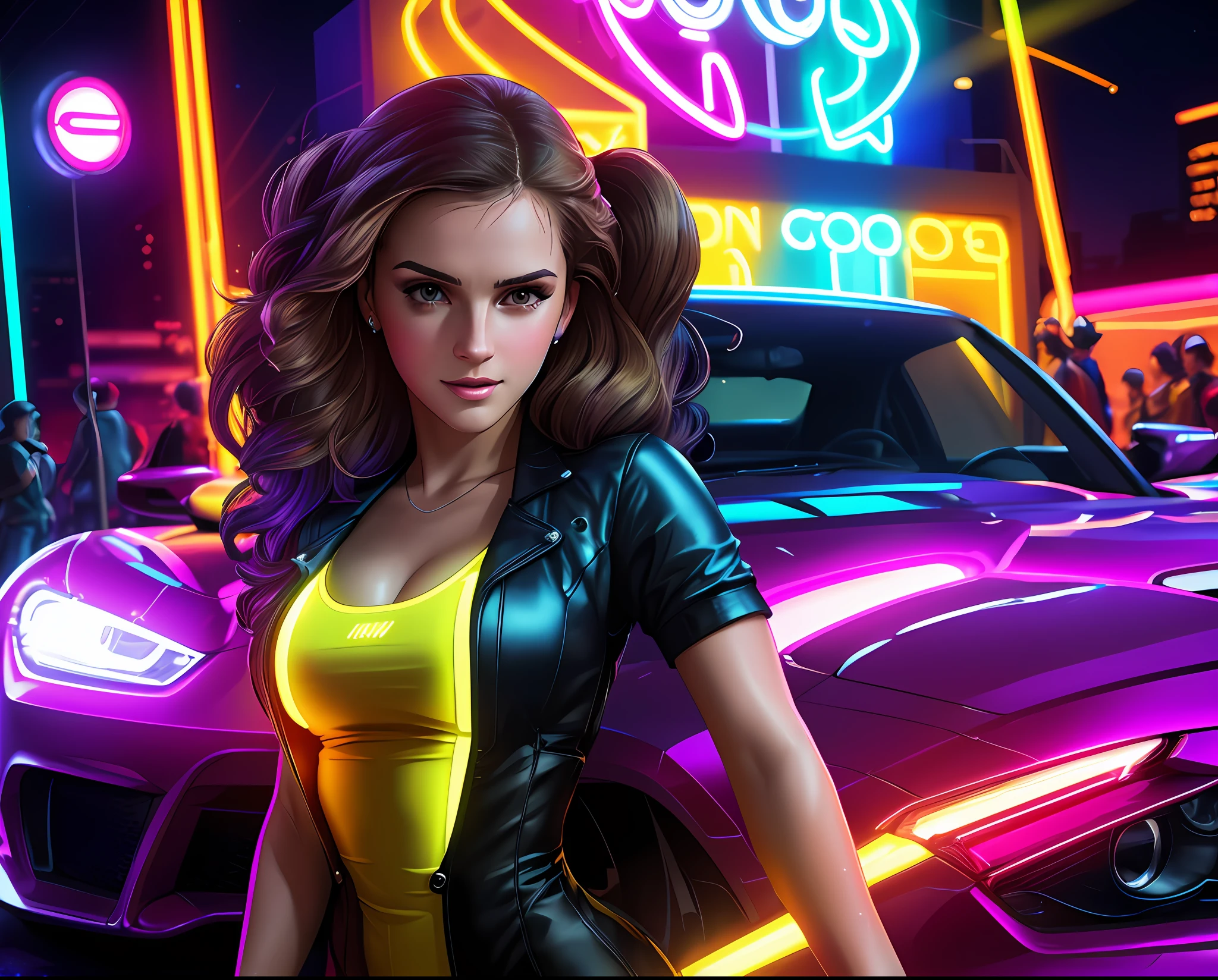 style, robot, (neon lights: 1.1), bright colors, (thepit bimbo :0.5), bright, sexy,

[Lana Del Rey| Emma Watson],, looking at the viewer, smile, symmetrical, centered, closeup, extreme closeup, upper body, cleavage focus,
milf, female, athletic, fit, tall, tanned skin, European, minidress, lively, smile, glowsticks, disco,
golden contour, (STANCE), masterpiece, best quality, official art, extremely detailed 8k CG unit wallpaper, illustration, light, car, bright, sports car, vehicle focus, road, ((need for speed)), ((NFS)), moving, wet, neon lights, drift, (MARKII)
[(color colors of psychedelic explosion painting:1.1)::0.125],
iridescent, chromatic aberration, studio lights, bright light, glowing skin,
realistic, realistic, photo-realistic, 8k, highly detailed, body proportions,
led light, laser lights, grumpy