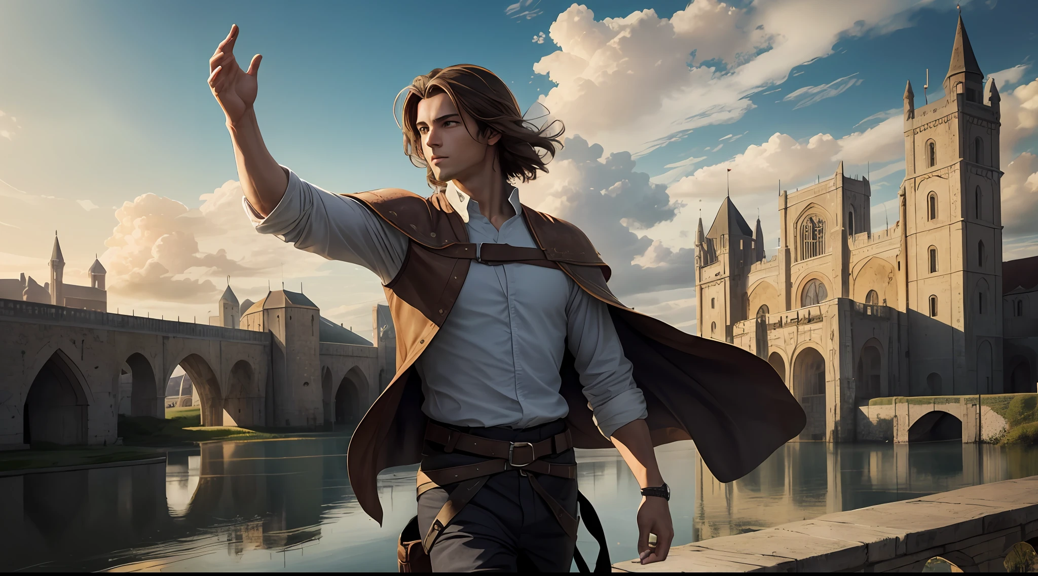 "Lucas arriving in a New City that represents Luke's journey, continuing his personal transformation, an extremely beautiful medieval period landscape, of high saturation with a vibrant and colorful square, floating angle, dramatic and dynamic, dynamic pose, (1 Man of 18 years), long brown hair, brown eyes, elegant and modern clothing, volumetric light,  Better lighting, better shadow."