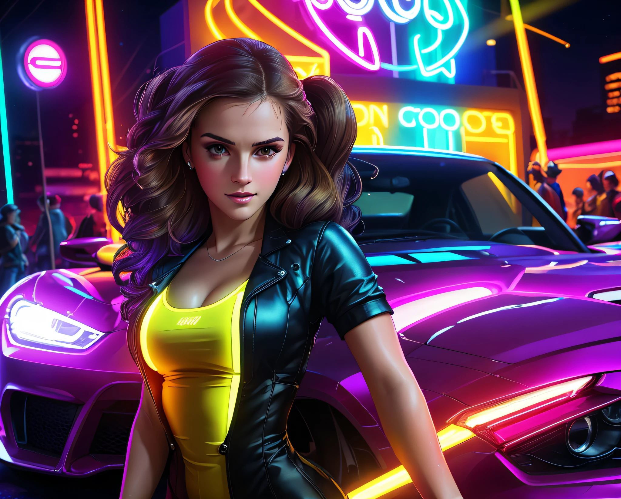 style, robot, (neon lights: 1.1), bright colors, (thepit bimbo :0.5), bright, sexy,

[Lana Del Rey| Emma Watson],, looking at the viewer, smile, symmetrical, centered, closeup, extreme closeup, upper body, cleavage focus,
milf, female, athletic, fit, tall, tanned skin, European, minidress, lively, smile, glowsticks, disco,
golden contour, (STANCE), masterpiece, best quality, official art, extremely detailed 8k CG unit wallpaper, illustration, light, car, bright, sports car, vehicle focus, road, ((need for speed)), ((NFS)), moving, wet, neon lights, drift, (MARKII)
[(color colors of psychedelic explosion painting:1.1)::0.125],
iridescent, chromatic aberration, studio lights, bright light, glowing skin,
realistic, realistic, photo-realistic, 8k, highly detailed, body proportions,
led light, laser lights, grumpy