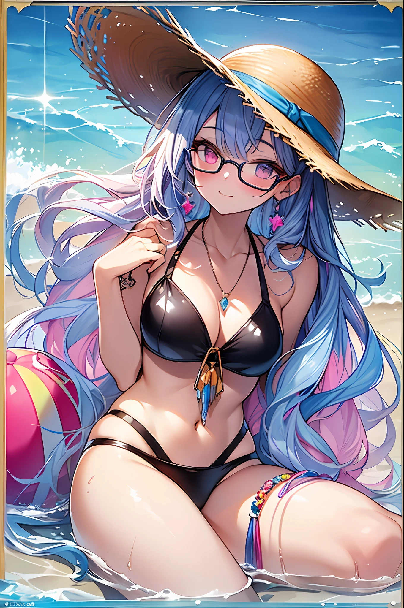 ((Masterpiece, Highest Quality, Best Quality, Watercolor Art (Pendant), Official Art, Beautiful and Aesthetic: 1.2)), (1 Girl: 1.3), (Fractal Art: 1.3), Full Body, (Glitter Pupil)), Pattern, (iridescent hair, Colorful hair, Half blue and half pink hair: 1.2)), Colorful, (Glasses), Writing, Heterochromia, (Colorful: 1.5), (((Swimsuit)), ((straw hat)), sea, sand, sunny sky, beach ball, ((shy face))