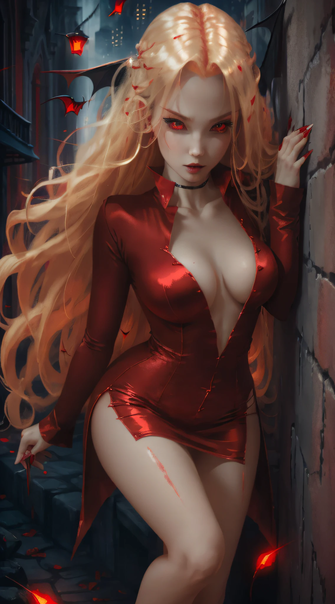 A sexy vampire in short red clothes, staring at the viewer, full body, flowing blonde hair, menacing gaze and gleaming vampire fangs, blood staining her pale face, big, sharp nails ready to pounce, in a dark alley of a city at night, with intensely mesmerizing red eyes --auto --s2