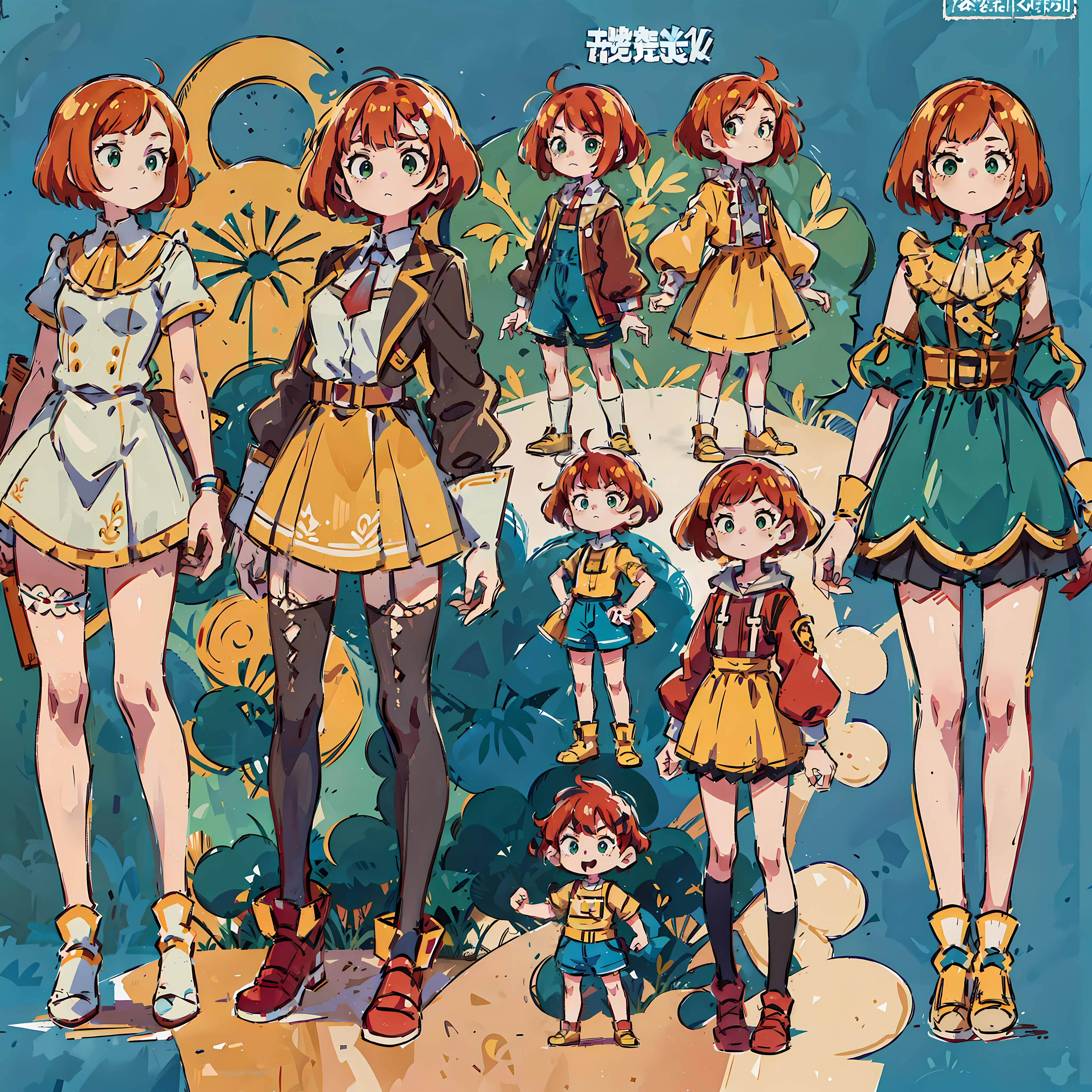 there are four different same character views, yellow dresse same character with short red bob style hair with bangs, madeline from celeste, human game protagonist designs, colored concept art, full body character design, anime character reference sheet, full body character concept, [ character design ], character reference, character concept reference art, full body character concept art, full character design, stylized character design, anime character design, character designs. Red hair bob, young girl, cute child,  green eyes, cute old fashion dress with brown shoes, long legs.