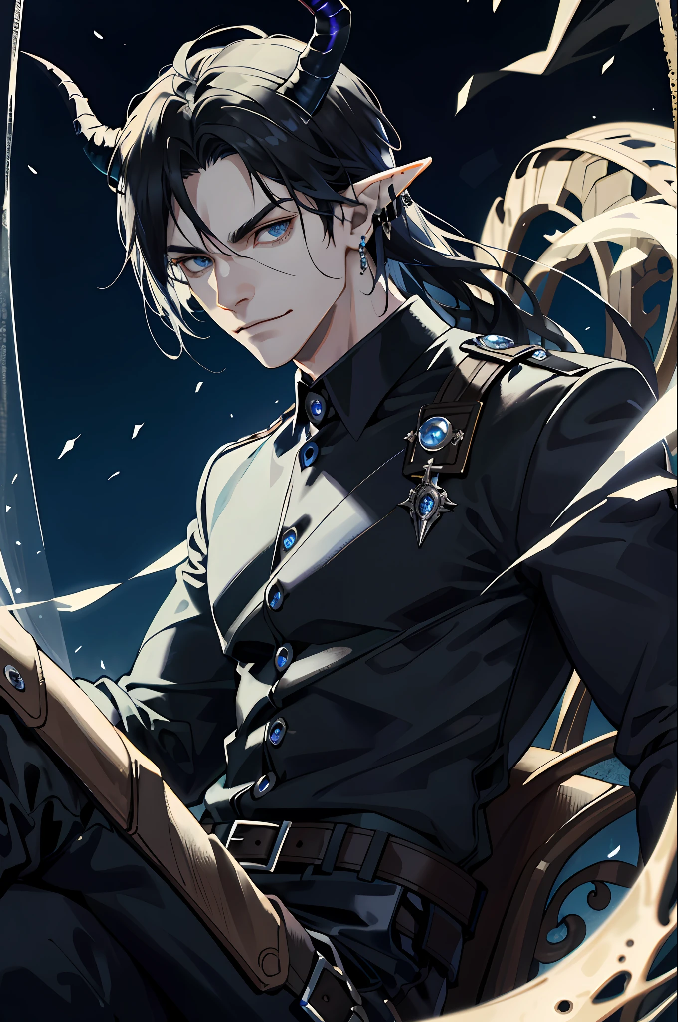 man, masculine, masculine face, attractive, muscular, (((1man))), masterpiece, absurdres, best quality ,intricate details , (pale skintone), Sundown, attractive, ((muscular)), ((horns)), incubus, adult, one, earrings, Don't look at the view , Not looking at the view, black hair, little long hair, perfect detailed face, perfect detailed hands, blue eyes, elf ears, ((portait)), smirk, masculine features, masculine face, moonlight, darkness, dark light, ((gothic style)), ((MLS)), ((medium large shoot)), black pants, full horns