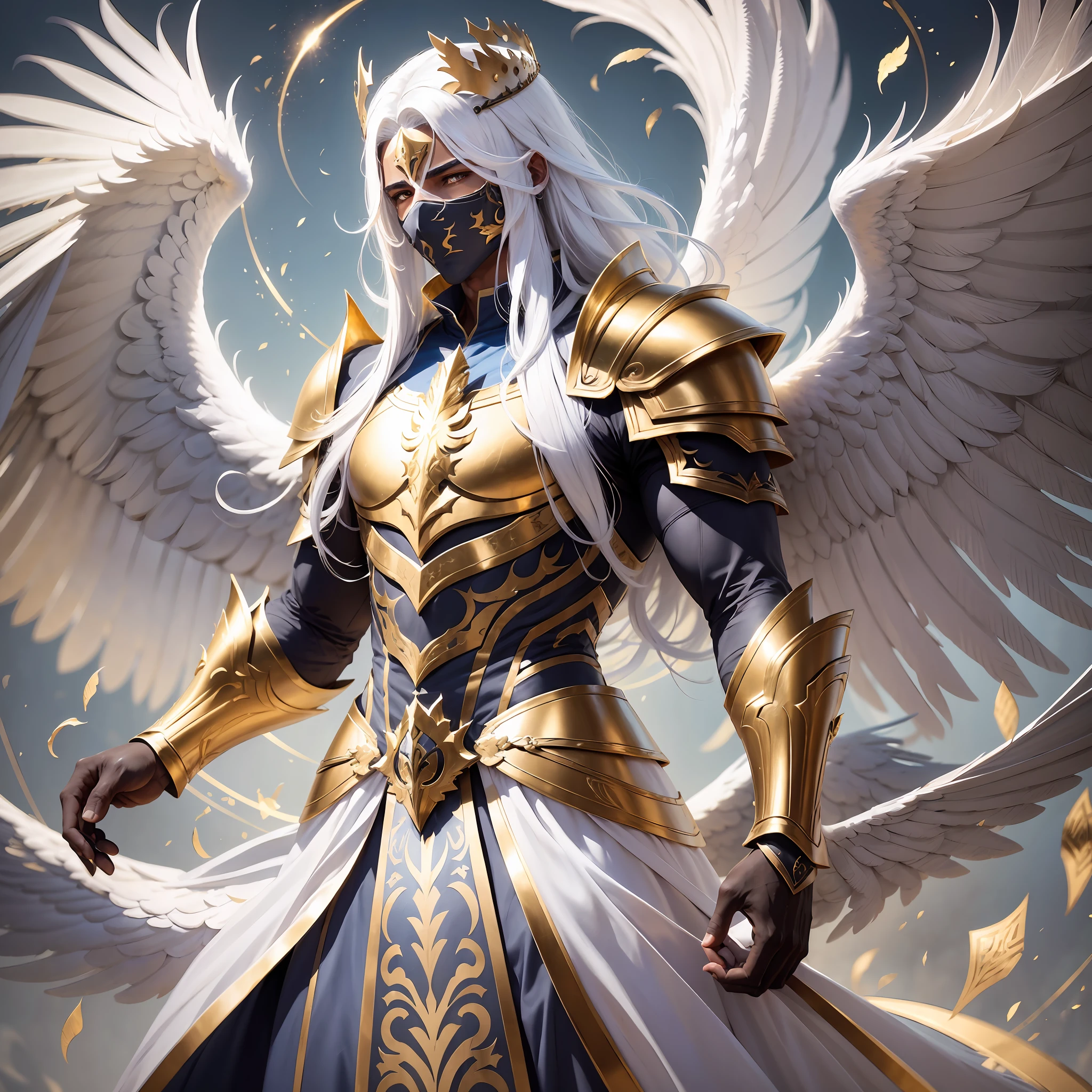 Male character; masculine traits; male body; dark skin; six wings; golden crown covering the face; long white hair; blend between clothing and armor; colors gold, blue and white; whole body; 1.90cm; perfect strokes; natural lighting; 4k HD image; ultra detailed; high quality. --auto --s2