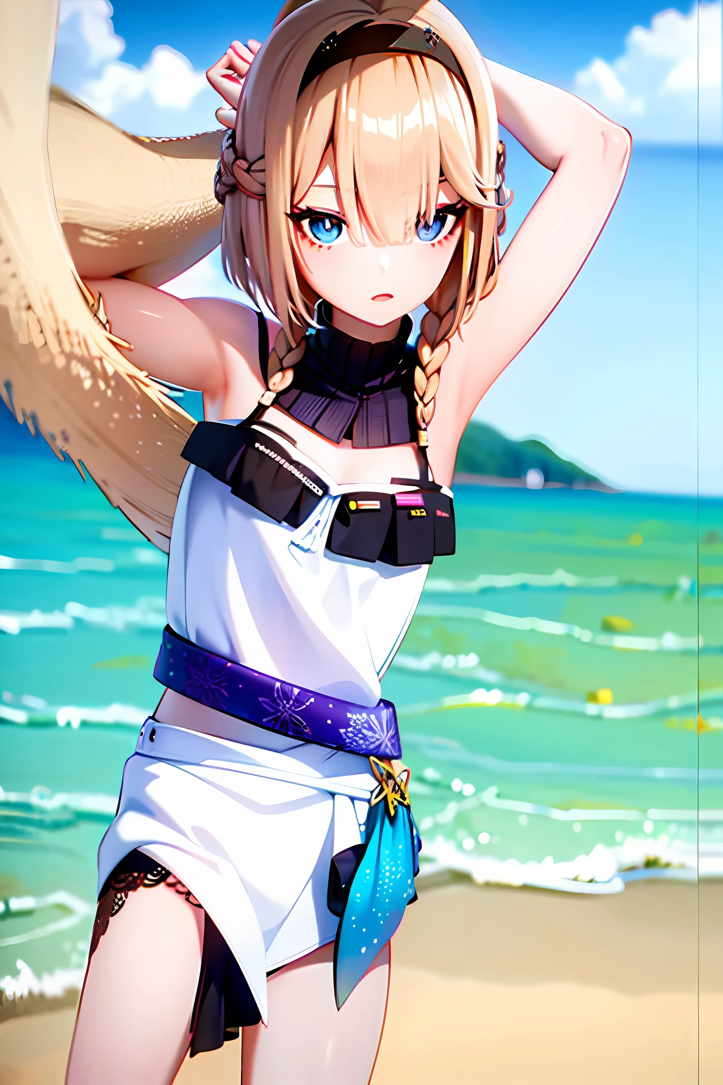 A 20-year-old girl, photorealistic, short white skirt, blonde, on the beach doing a natural pose