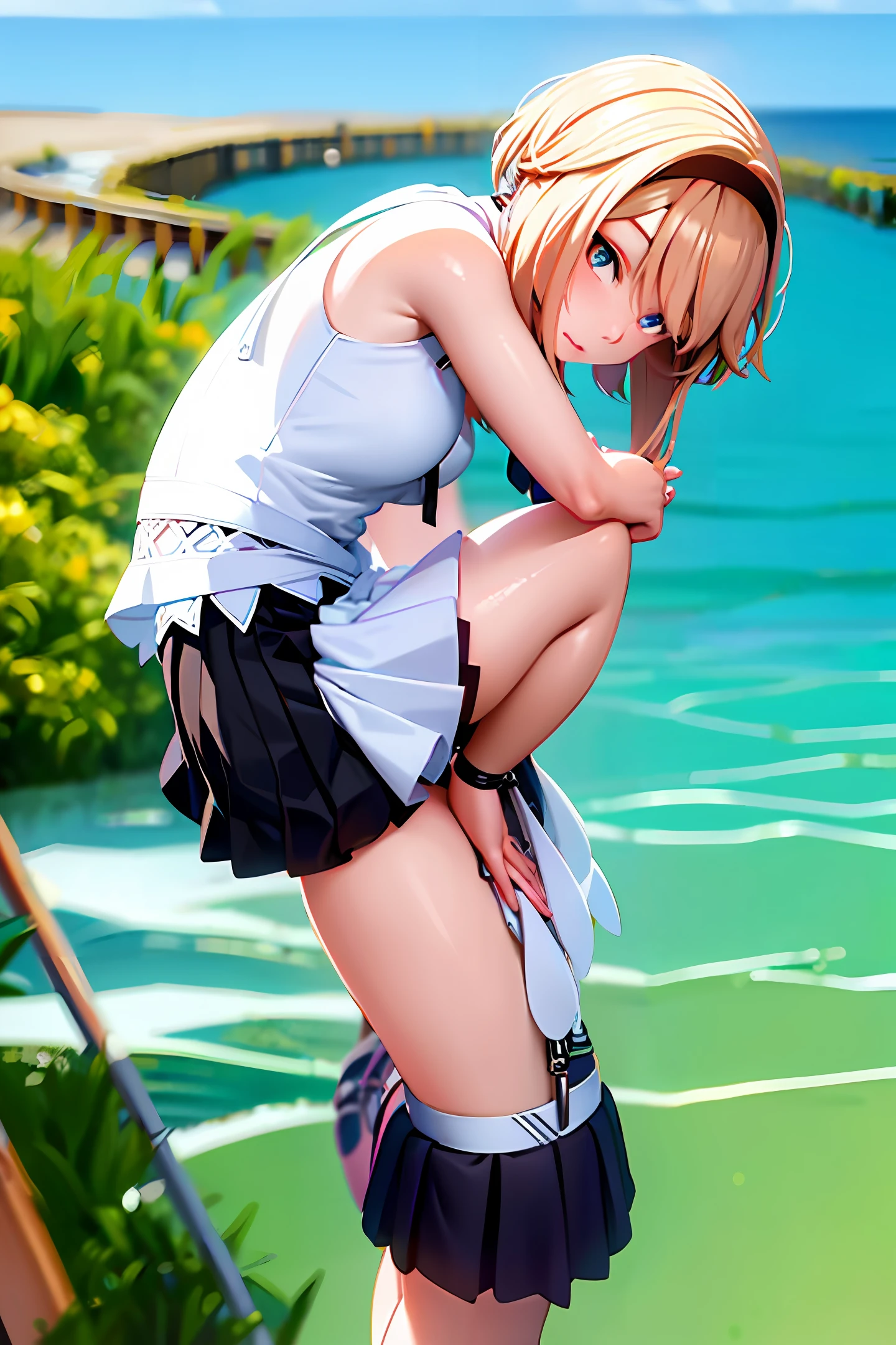 A 20-year-old girl, photorealistic, short white skirt, blonde, on the beach doing a natural pose