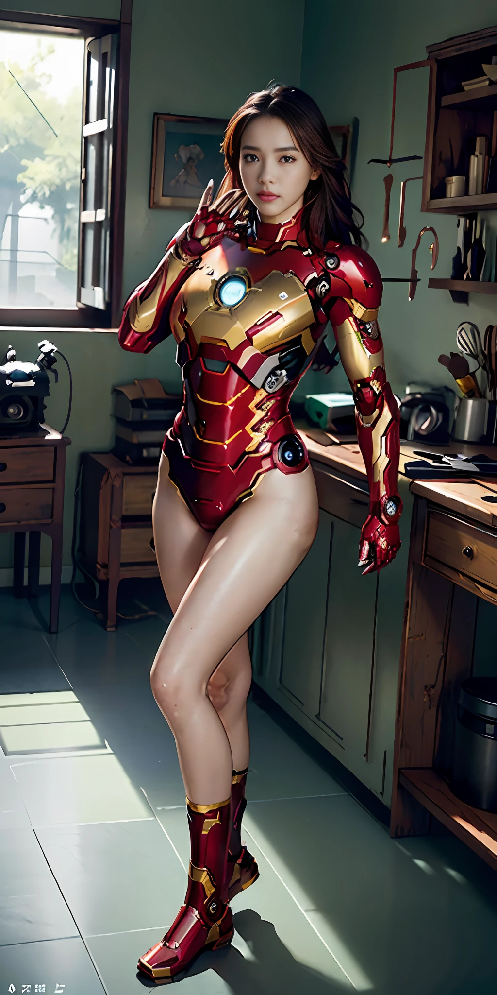 RAW, masterpiece, ultra fine photography,, top quality, ultra high definition, photorealistic, sunlight, full body portrait, stunningly beautiful, combat pose, delicate face, vivid eyes, (front view,full body), she wears a futuristic Iron Man mecha, red and yellow and green color scheme, (Iron Man destroyed on the floor), detailed face, detailed and complex busy background, messy and gorgeous, rich plump breasts, High Detail Skin, Realistic Skin Details, Visible Pore, Sharp Focus, Volumetric Fog, 8K UHD, DSLR Camera, High Quality, Film Grain, Fair Skin, Photorealism, Lomography, View from Below, Translucent